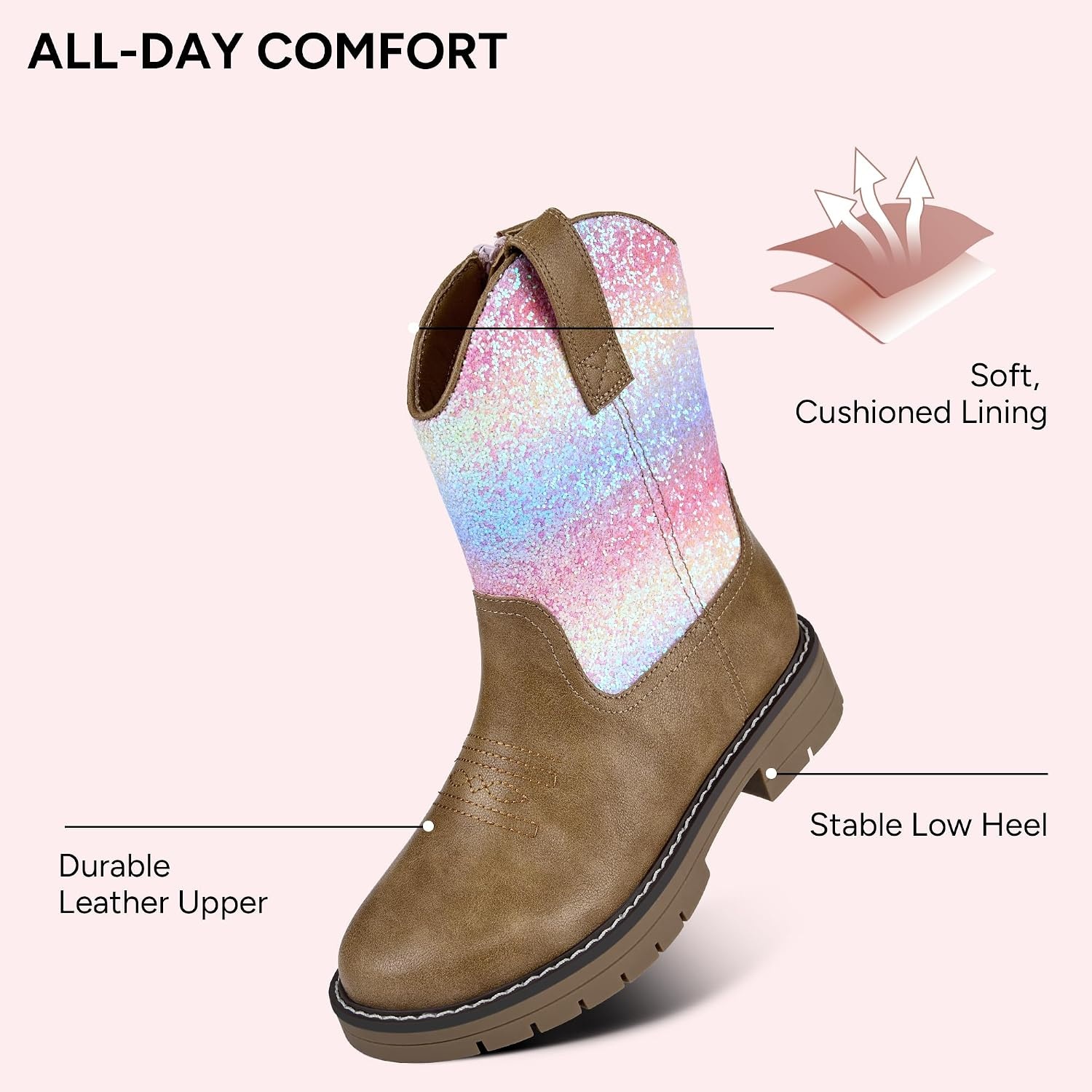 Stelle Kids Cowboy Boots Toddler Girls Boys Western Boots(Rainbow Glitter)