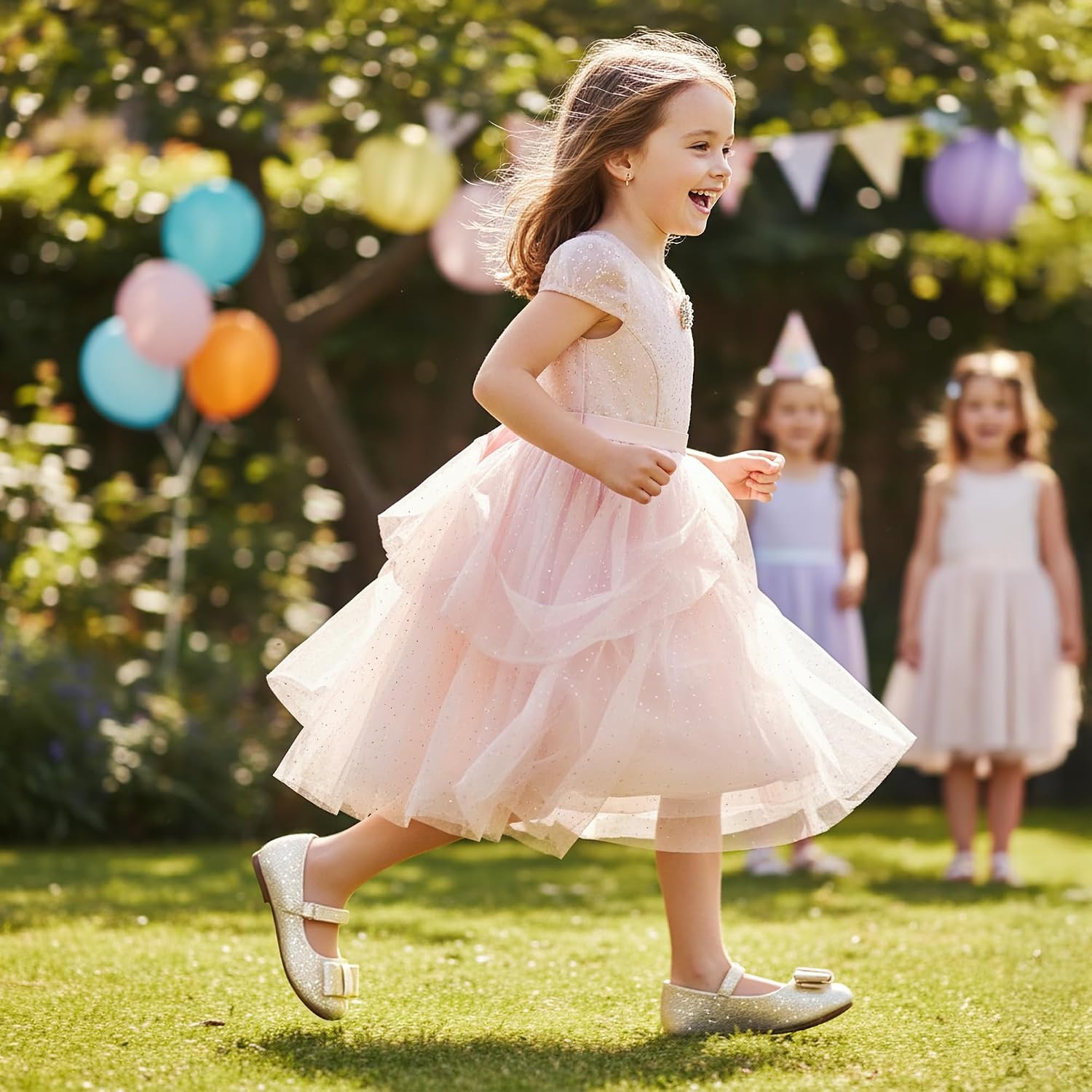 Stelle Dress Shoes for Girls Mary Jane Flats with Bow for School Party(Champagne Glimmer)
