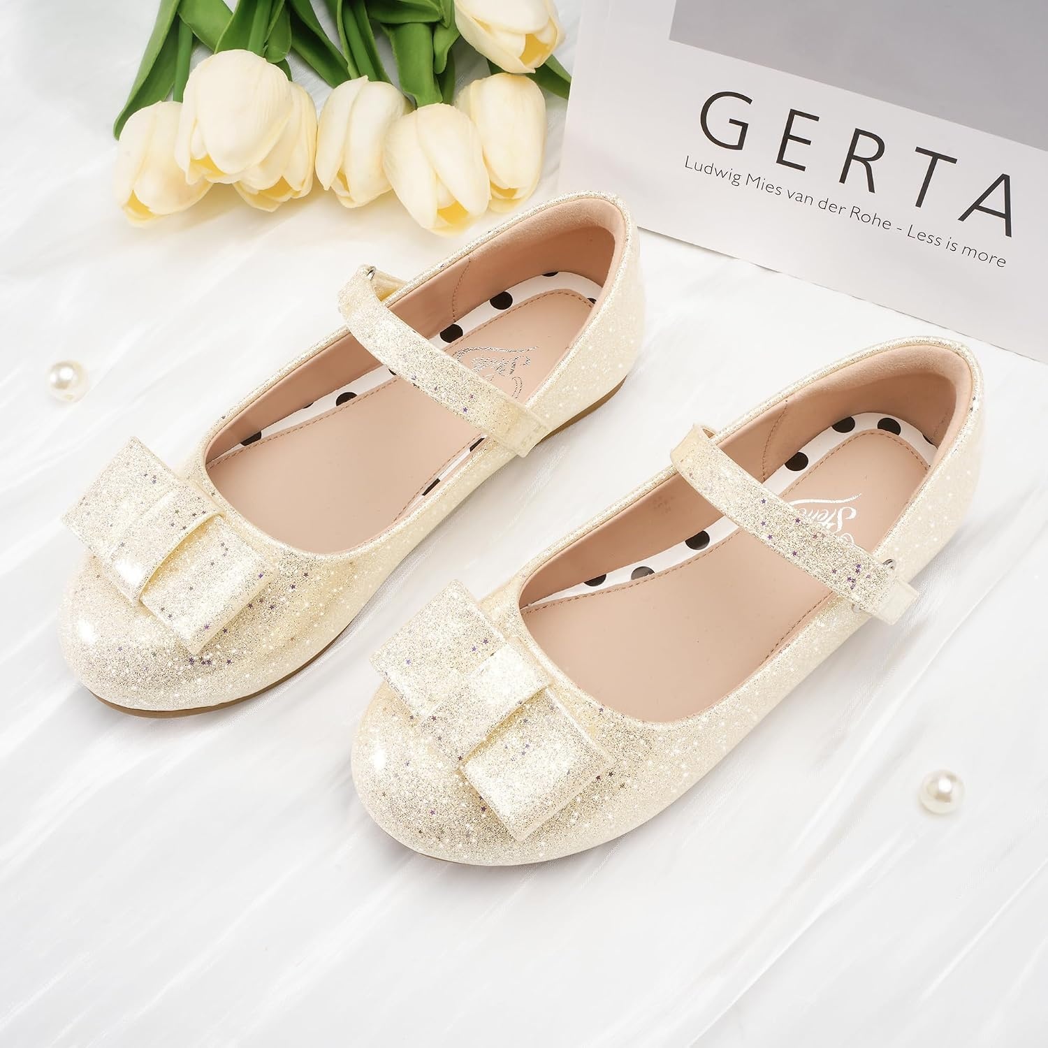 Stelle Dress Shoes for Girls Mary Jane Flats with Bow for School Party(Champagne Glimmer)