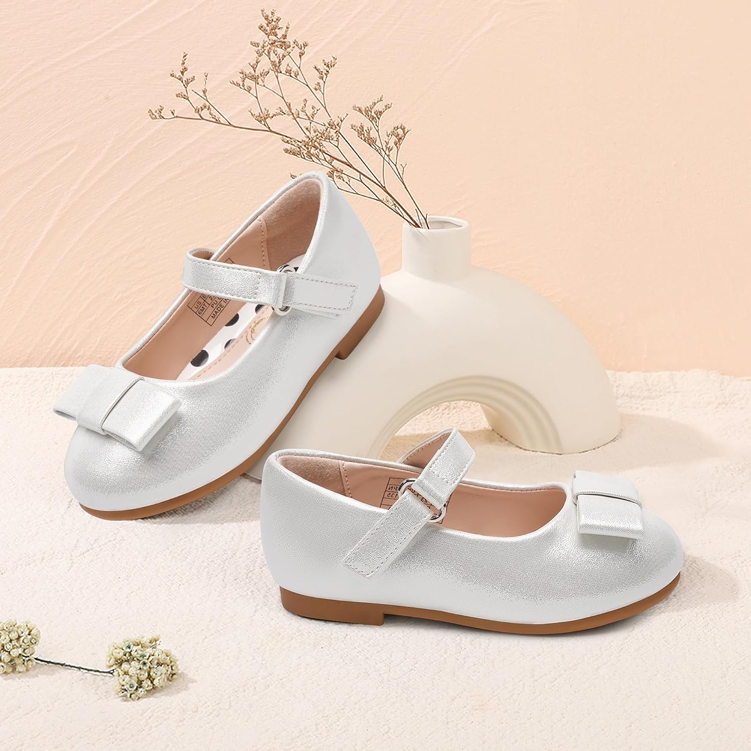 Stelle Girls Dress Shoes Toddler Mary Jane Shoes Flat with Bow for Toddler/Little Kids(Light Silver)