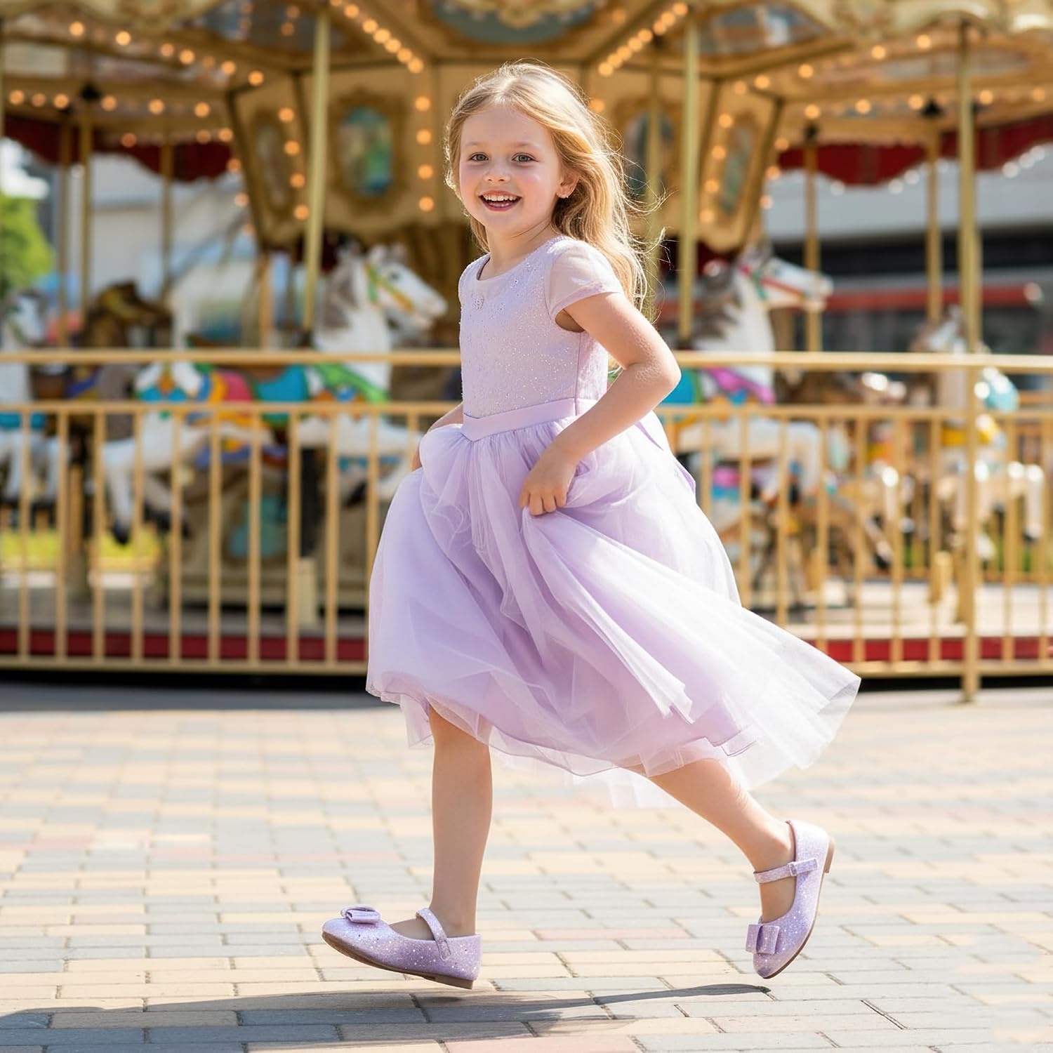 Stelle Dress Shoes for Girls Mary Jane Flats with Bow for School Party(Petal Glimmer)