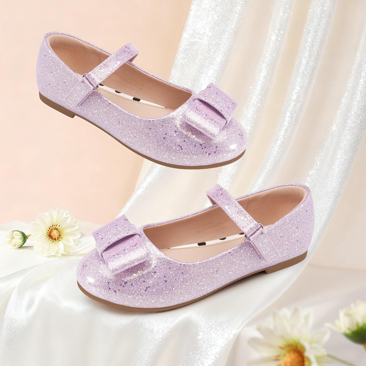 Stelle Dress Shoes for Girls Mary Jane Flats with Bow for School Party(Petal Glimmer)