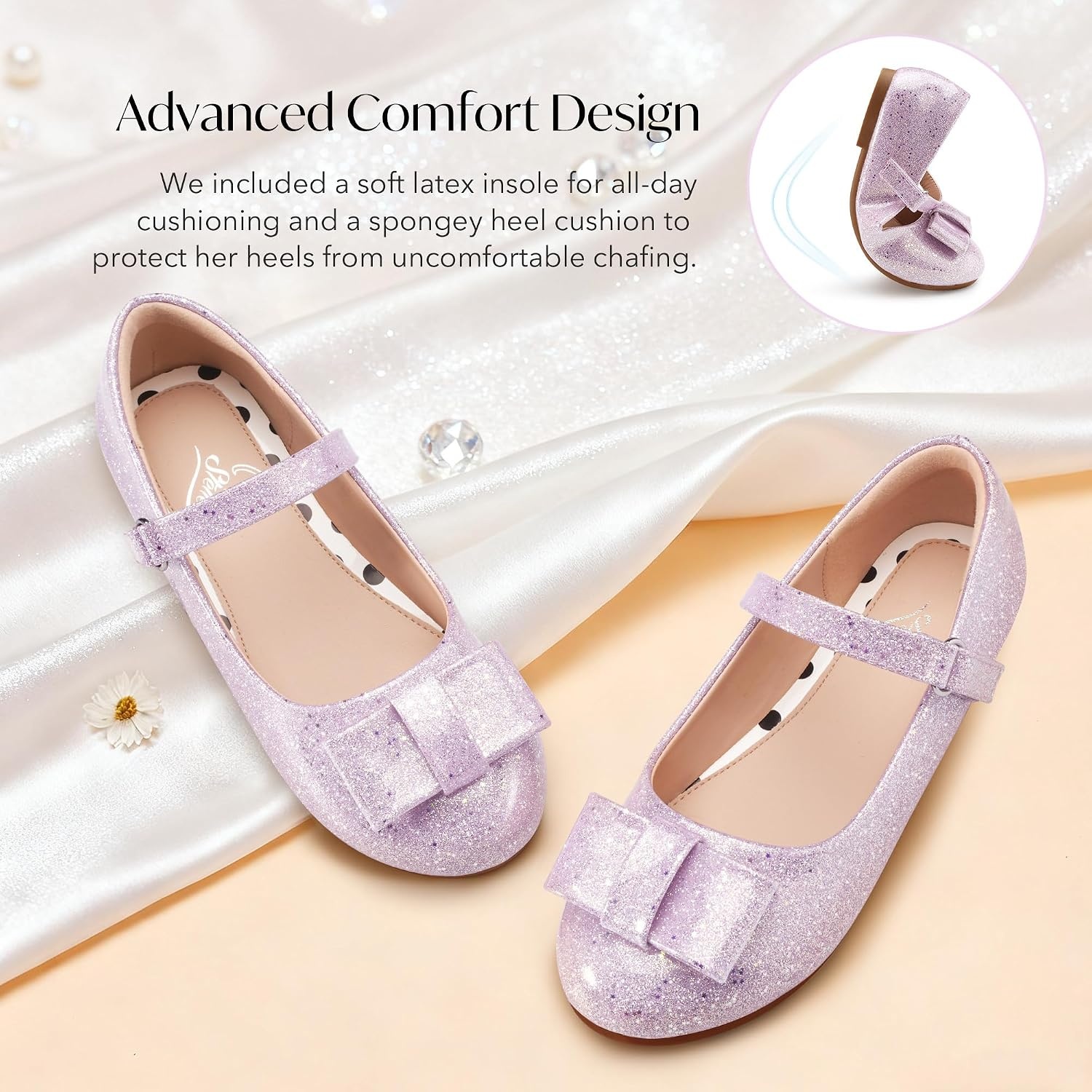 Stelle Dress Shoes for Girls Mary Jane Flats with Bow for School Party(Petal Glimmer)