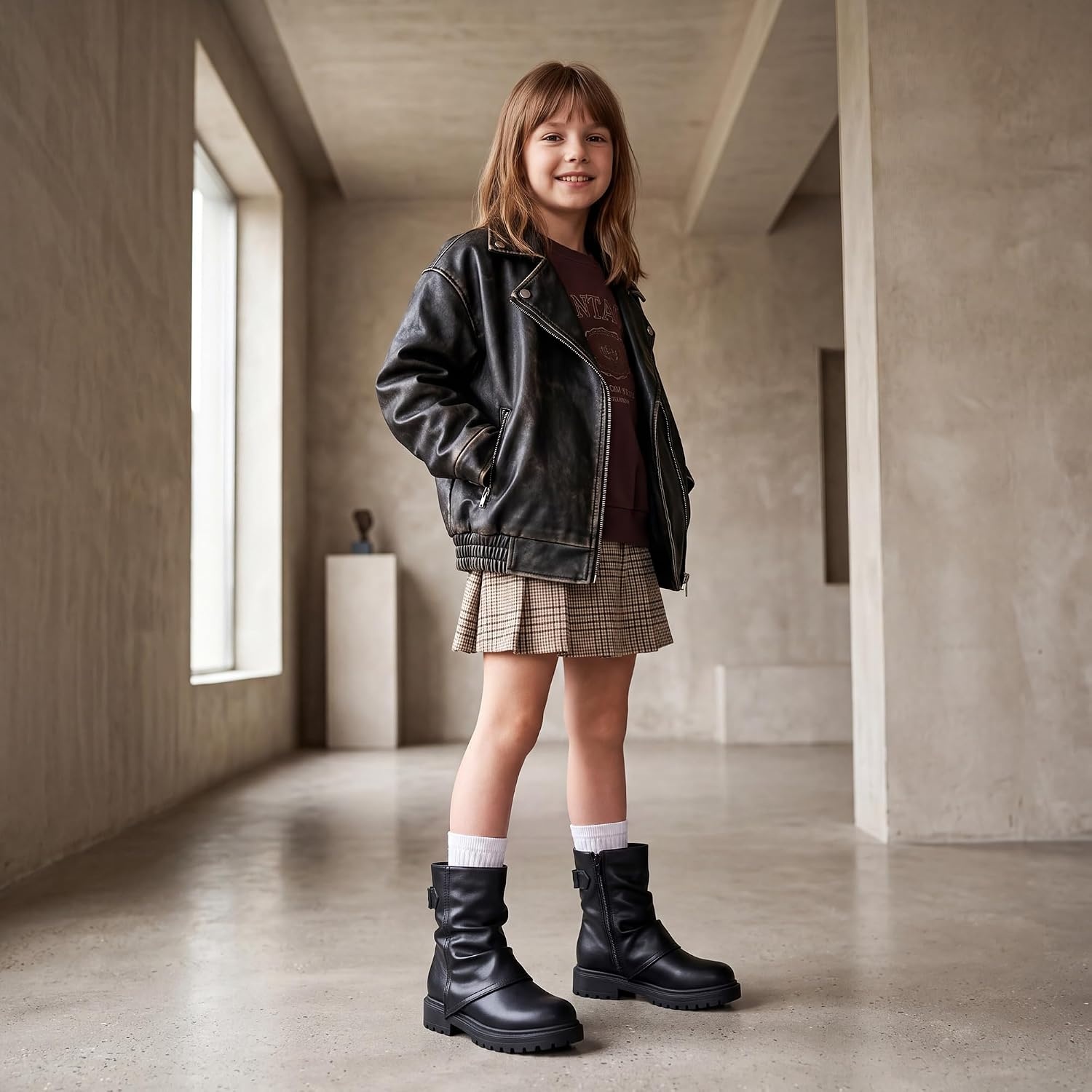 Stelle Girls Combat Ankle Boots Chunky Western Booties Black Shoes(Black)