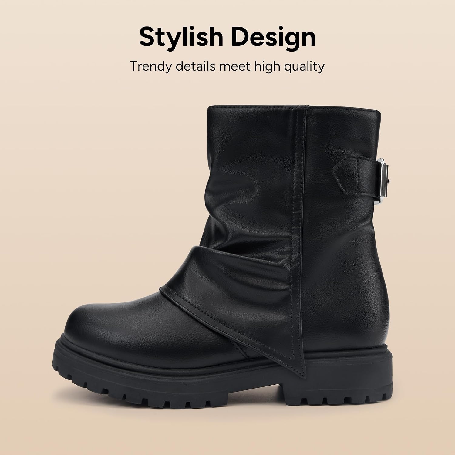 Stelle Girls Combat Ankle Boots Chunky Western Booties Black Shoes(Black)