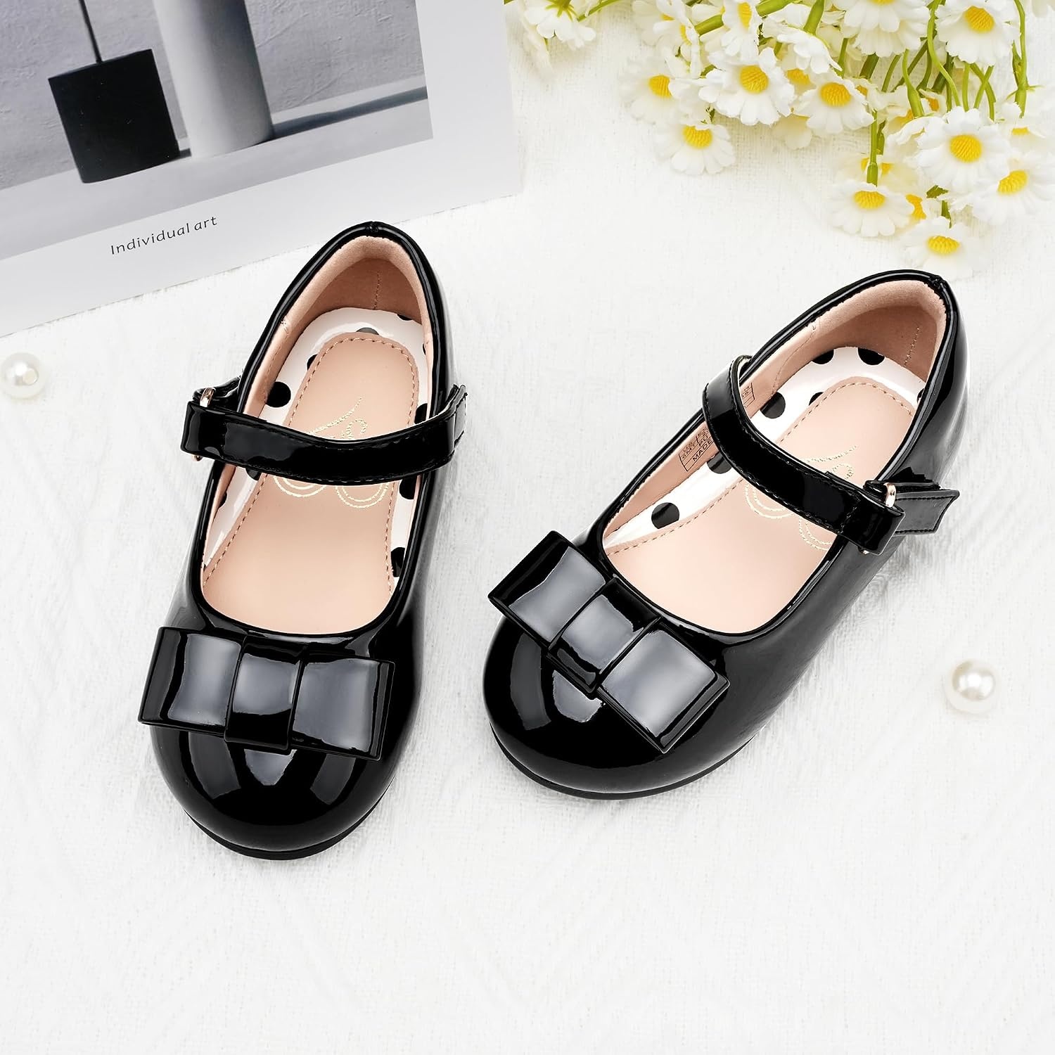 Stelle Dress Shoes for Girls Mary Jane Flats with Bow for School Party | Decorative bow, Hook-and-loop closure, Cushioned comfort, Flower girl, Flexible outsole, Patent finish, Wedding(Black-2)