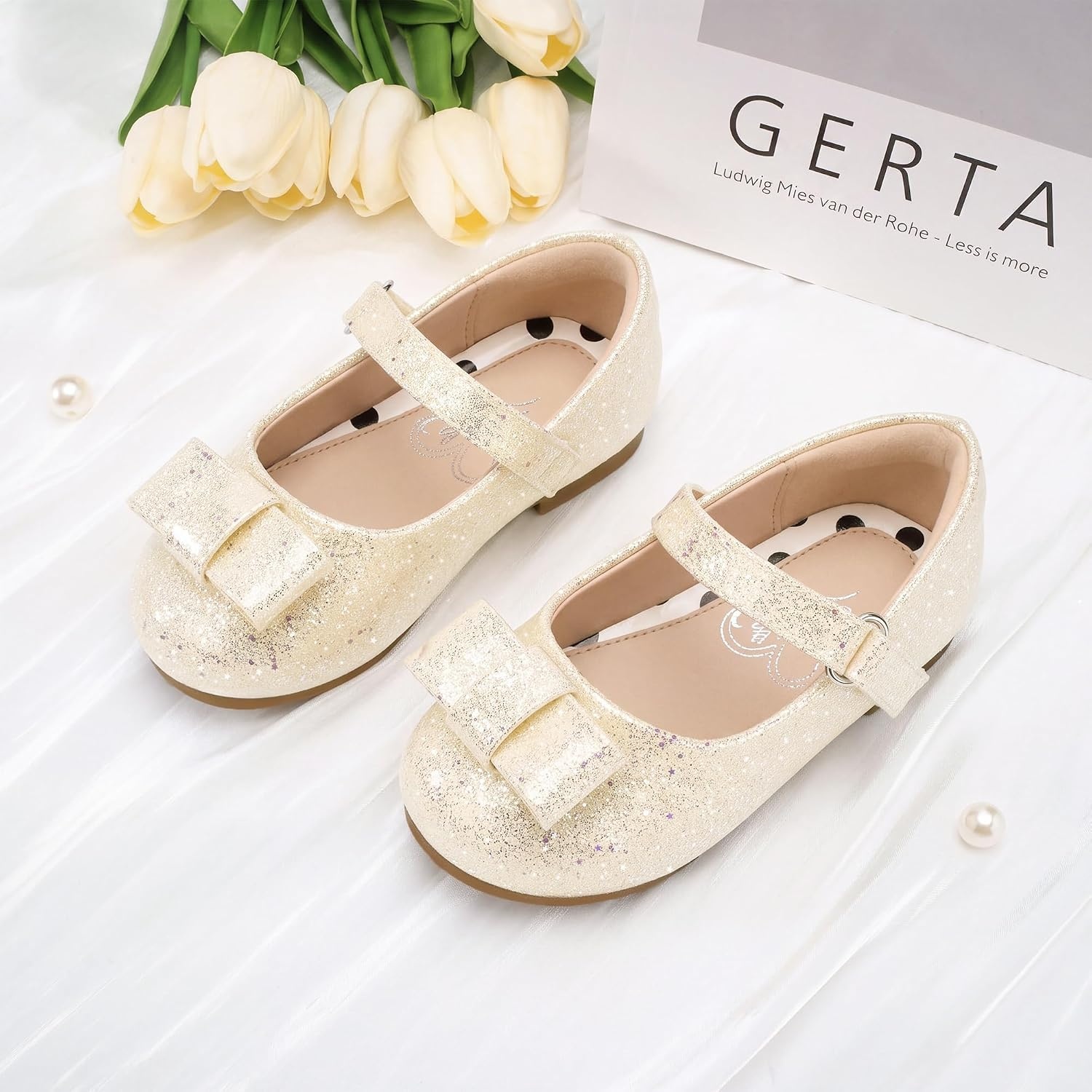 Stelle Dress Shoes for Girls Mary Jane Flats with Bow for School Party(Champagne Glimmer-2)