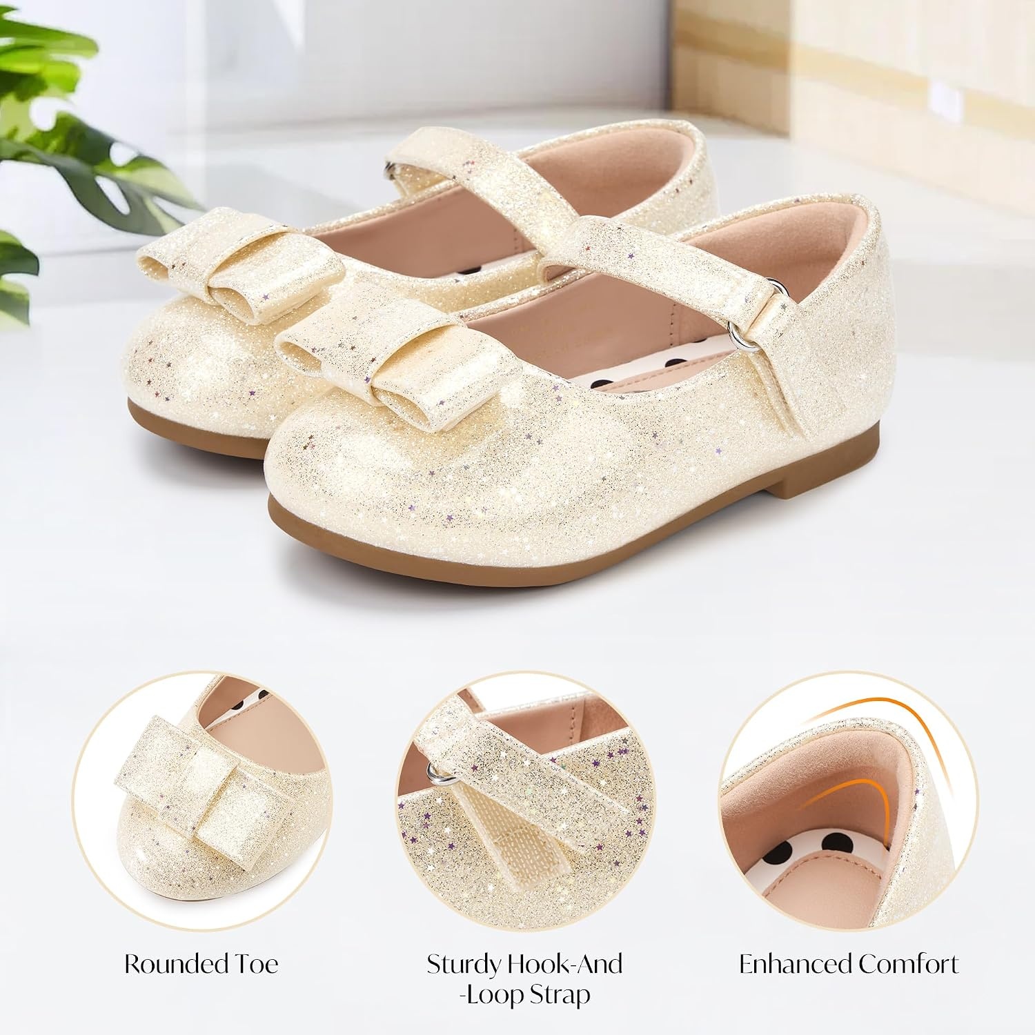 Stelle Dress Shoes for Girls Mary Jane Flats with Bow for School Party(Champagne Glimmer-2)