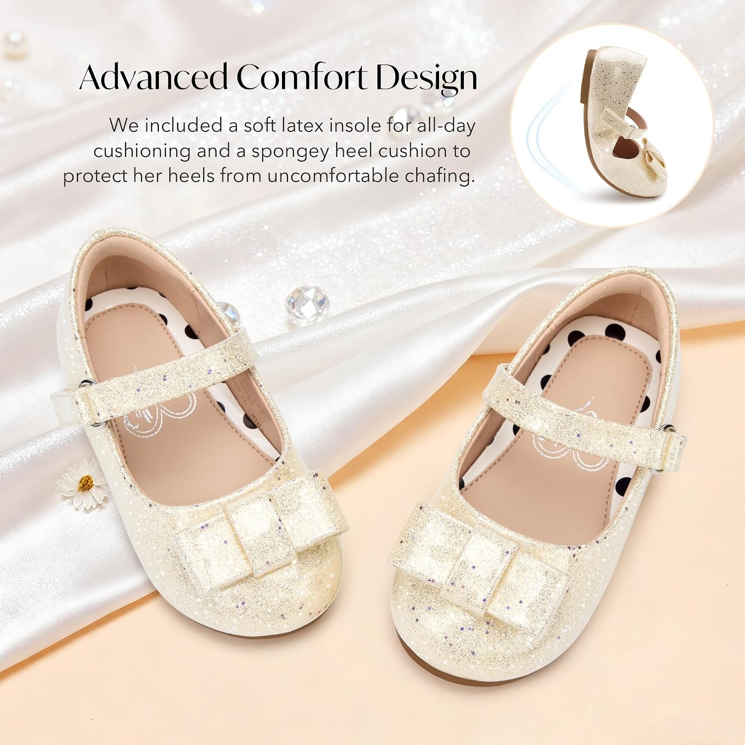 Stelle Dress Shoes for Girls Mary Jane Flats with Bow for School Party(Champagne Glimmer-2)