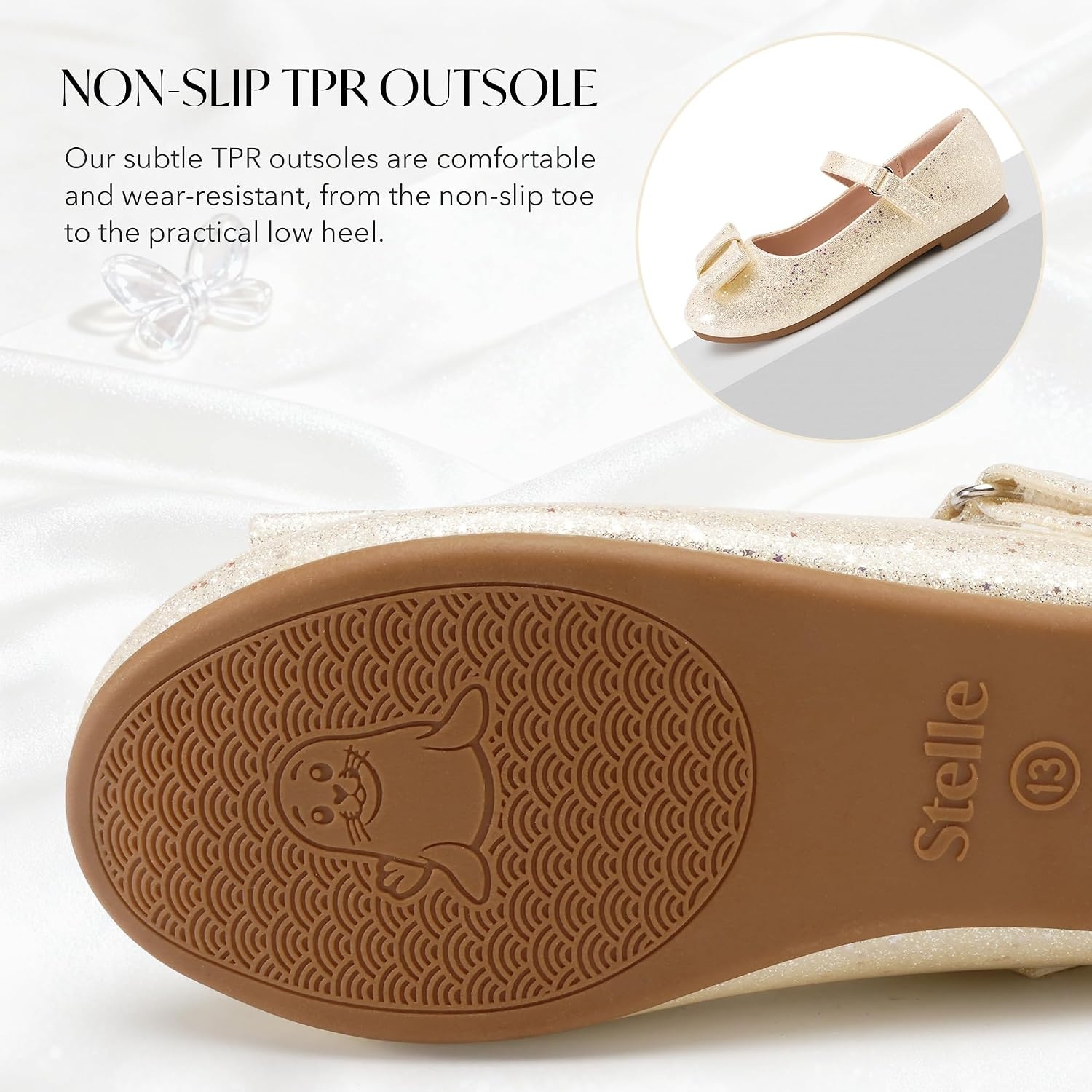 Stelle Dress Shoes for Girls Mary Jane Flats with Bow for School Party(Champagne Glimmer-2)