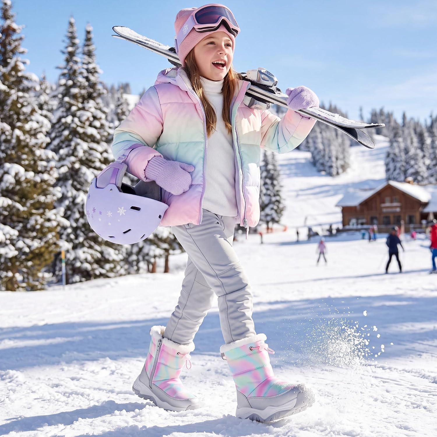 Stelle Toddler Girls Snow Boots Lightweight Pull-On Winter Boots(Rainbow)