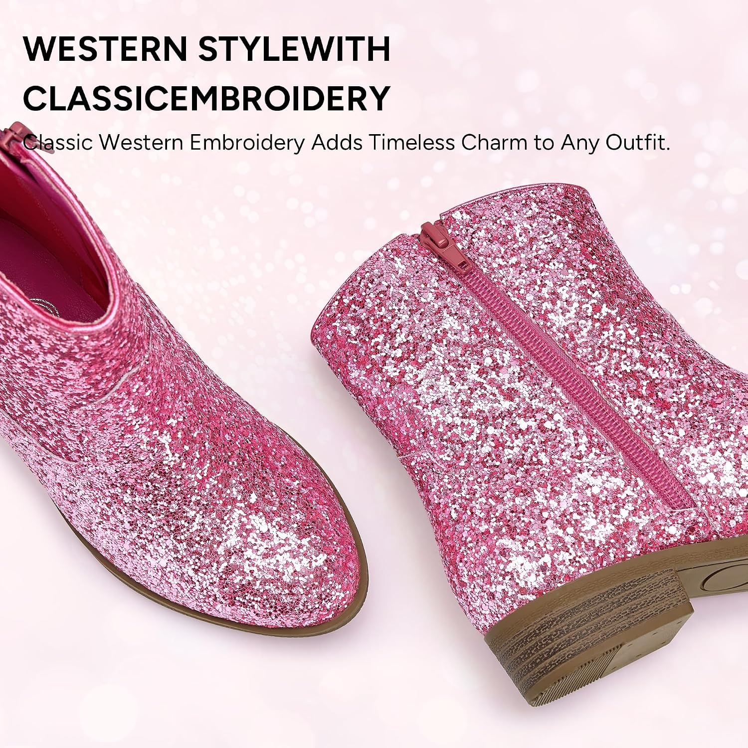 Stelle Girls Glitter Cowgirl Boots Toddler Kids Cowboy Boots | Western Boots Mid Calf Horse Riding Boots Sparkle Boots with Zipper Non-Slip TPR Sole Party Wedding Concert(Pink Glitter)