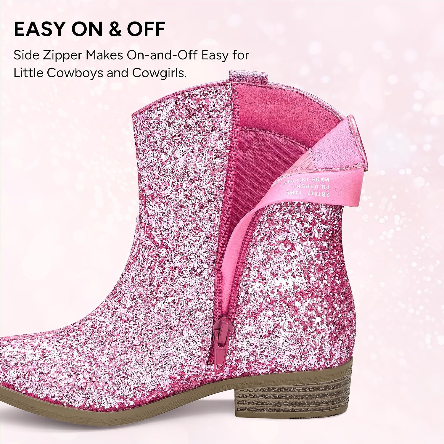 Stelle Girls Glitter Cowgirl Boots Toddler Kids Cowboy Boots | Western Boots Mid Calf Horse Riding Boots Sparkle Boots with Zipper Non-Slip TPR Sole Party Wedding Concert(Pink Glitter)