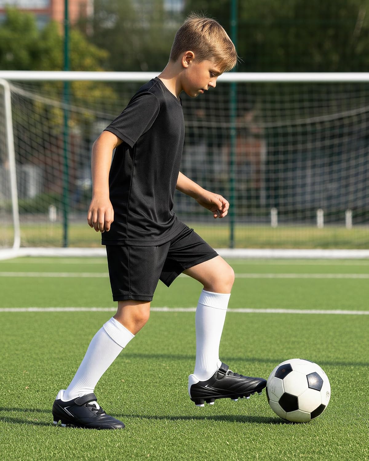 Stelle Kids Girls Soccer Cleats for Training Matches Outdoor Play | Firm Ground Lightweight Upper Secure Lace-Up Fit Breathable Lining Cushioned Collar Baseball&Softball Little to Big Kids(Black)