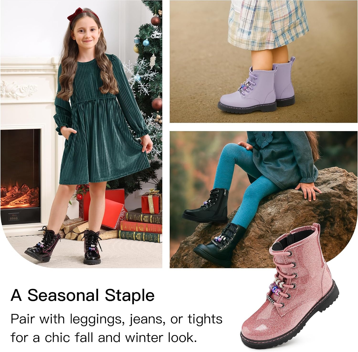Stelle Girls Combat Boots with DIY Lace Up Side Zipper Ankle Boots | Durable faux leather, Serrated TPR outsoles, Water-resistant exterior, Inner side zipper, Colorful customizable beads(Pink Glitter)