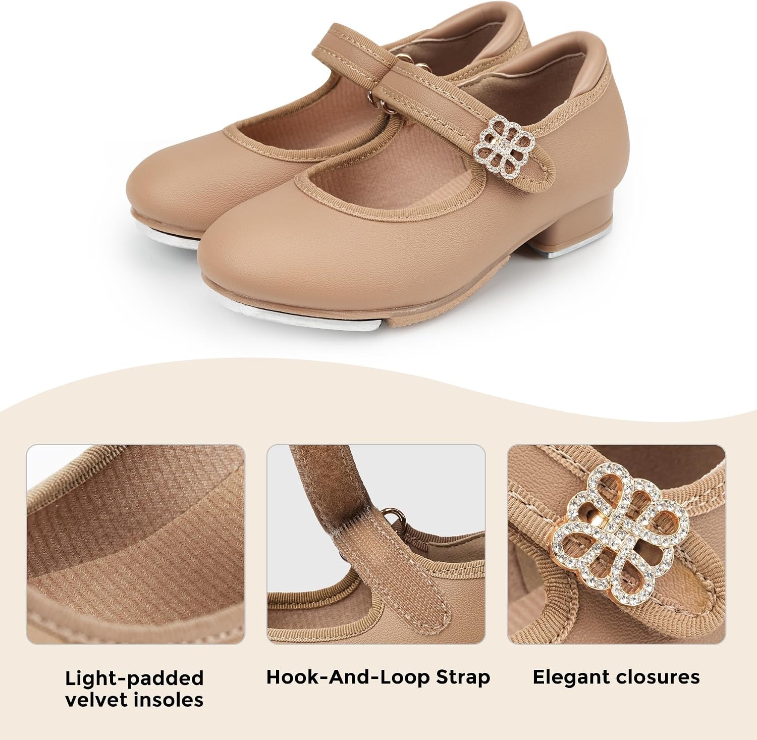 Stelle Girls Tap Shoes Rhinestone Buckle(Toddler/Little Kid/Big Kid) | Rhinestone flower detail,Mary Jane style,Steel toe heel taps,Cushioned insole,Beginner tap dance(Tan)