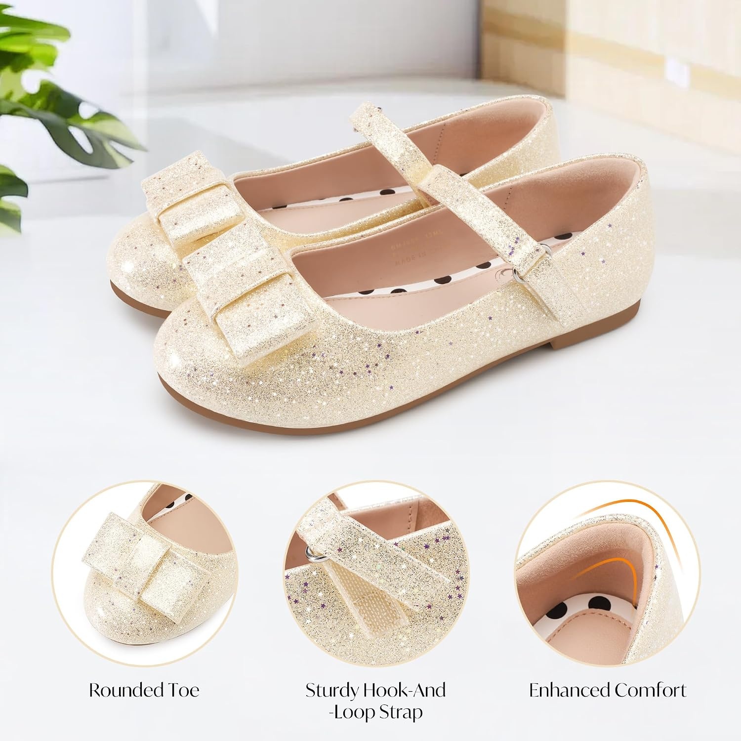 Stelle Girls Dress Shoes Toddler Mary Jane Shoes Flat with Bow for Toddler/Little Kids(Champagne Glimmer)