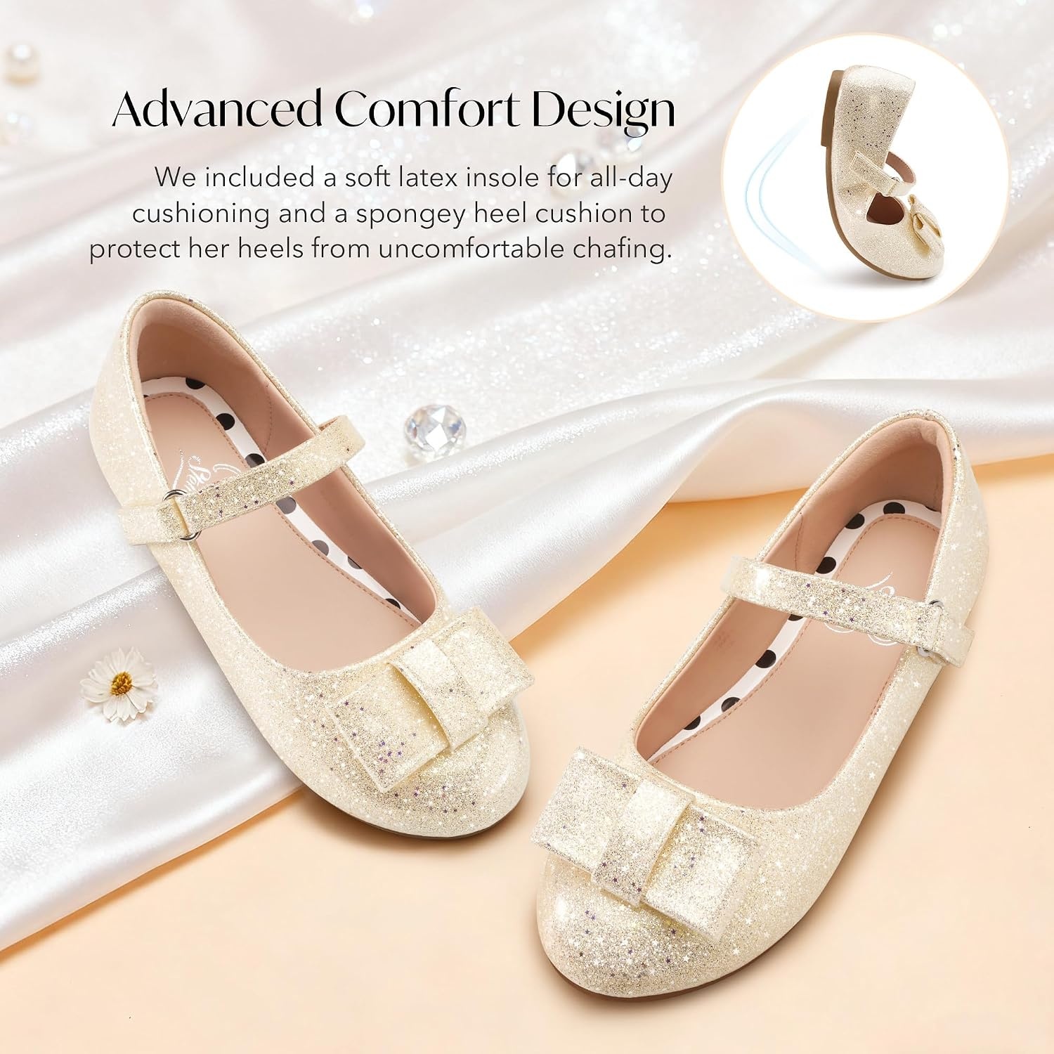 Stelle Girls Dress Shoes Toddler Mary Jane Shoes Flat with Bow for Toddler/Little Kids(Champagne Glimmer)