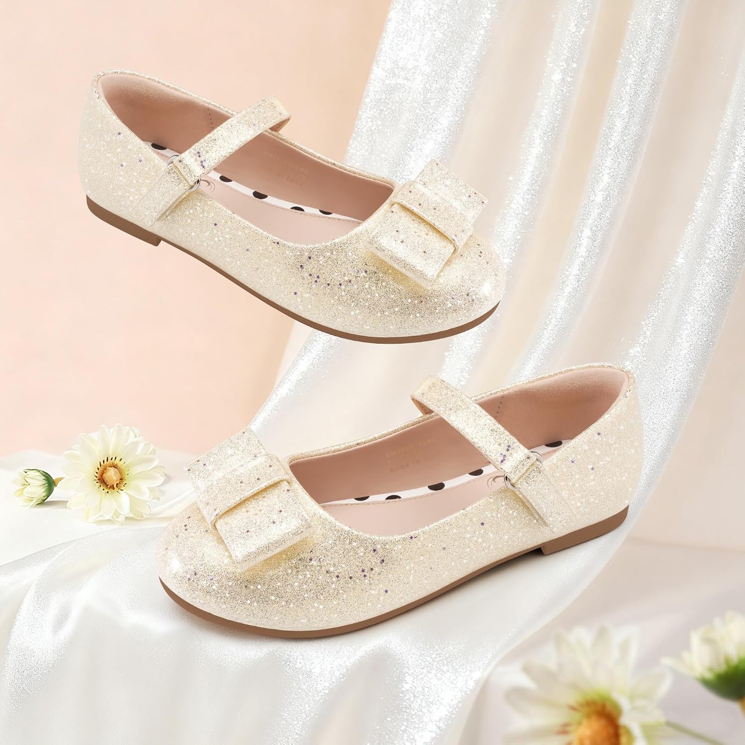 Stelle Girls Dress Shoes Toddler Mary Jane Shoes Flat with Bow for Toddler/Little Kids(Champagne Glimmer)