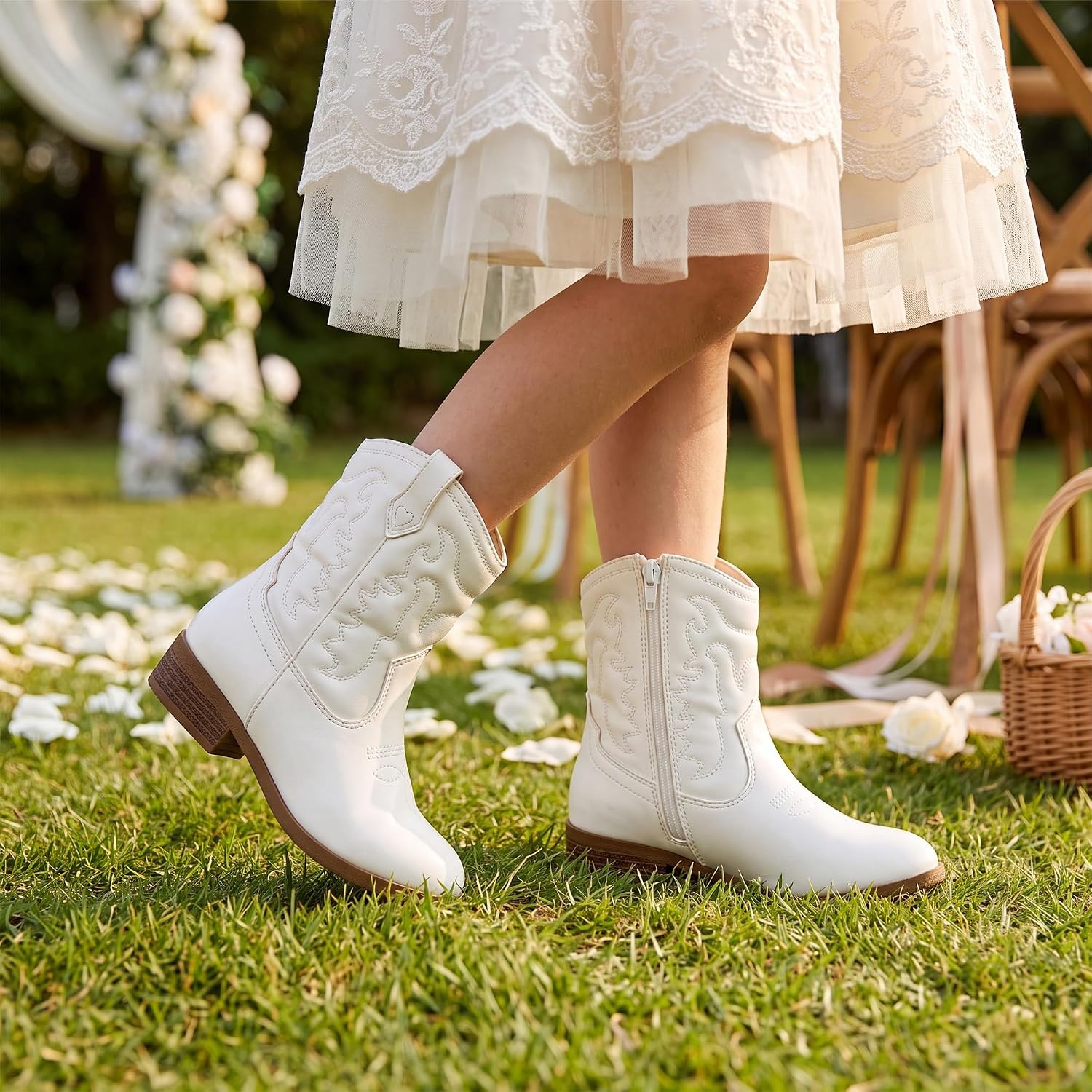 Stelle Girls Glitter Cowgirl Boots Toddler Kids Cowboy Boots(White)