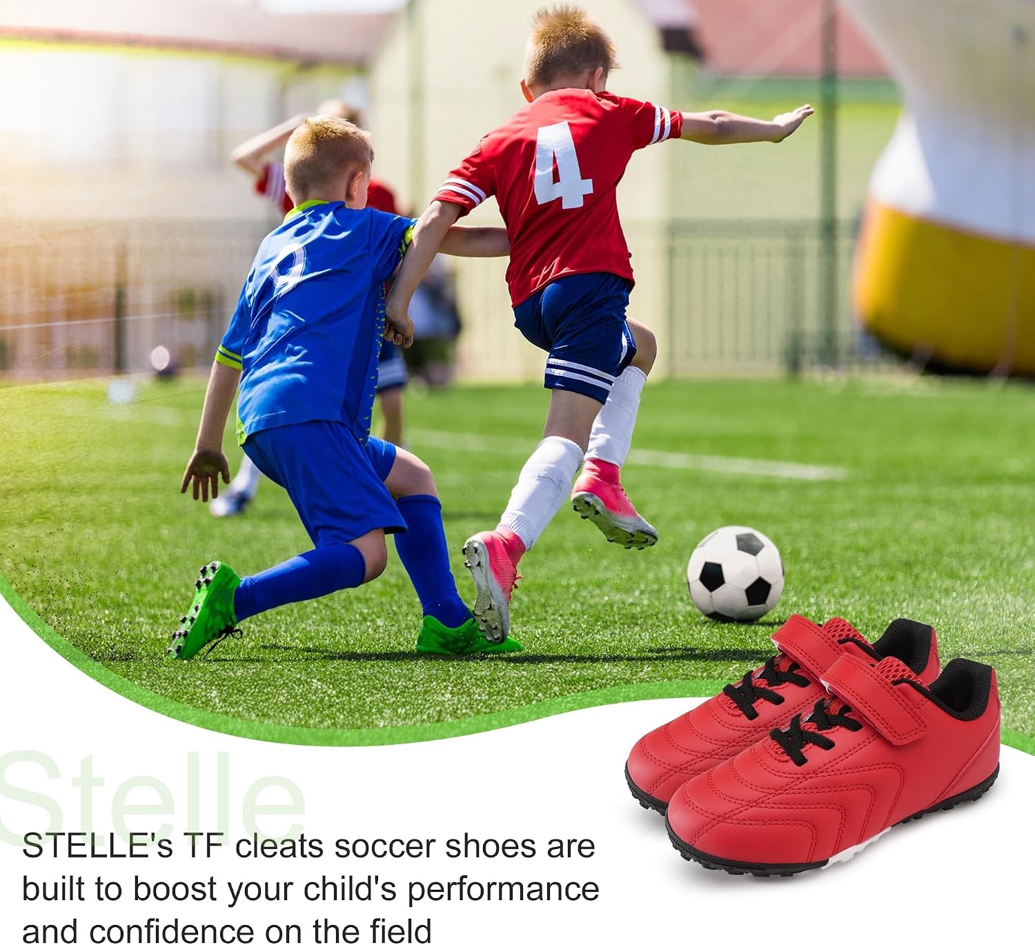 Stelle Baseball Cleats Girls Boys Soccer Shoes Futsal Multi-Sport | Turf Outsole Indoor Soccer&Softball Lightweight Upper Elastic Laces Hook-and-Loop Strap Training&Practice Youth Athletes(Red)