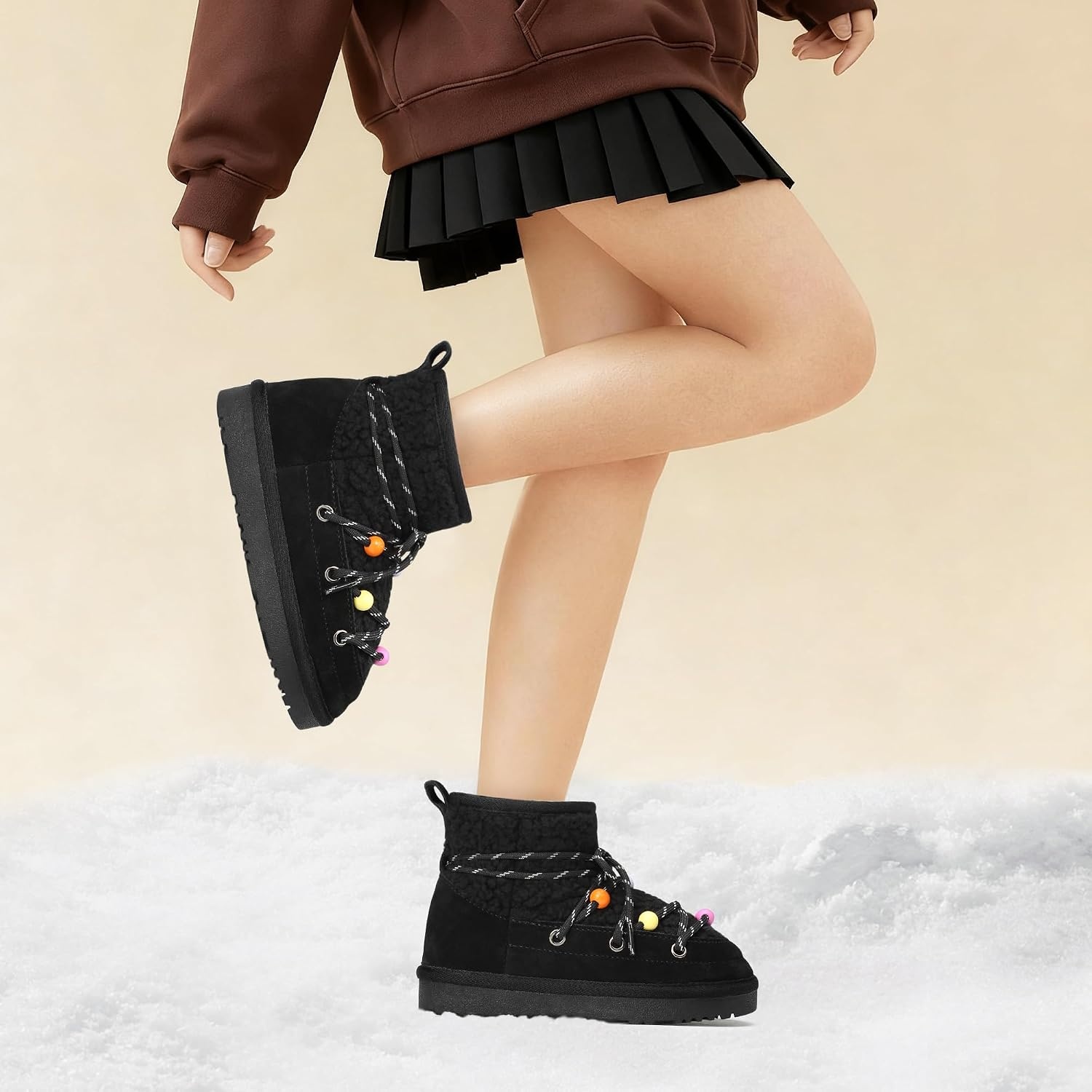 Stelle Winter Boots for Girls Kids Snow Warm Faux Fur Cute Boots for Toddler/Little/Big Kid(Black)
