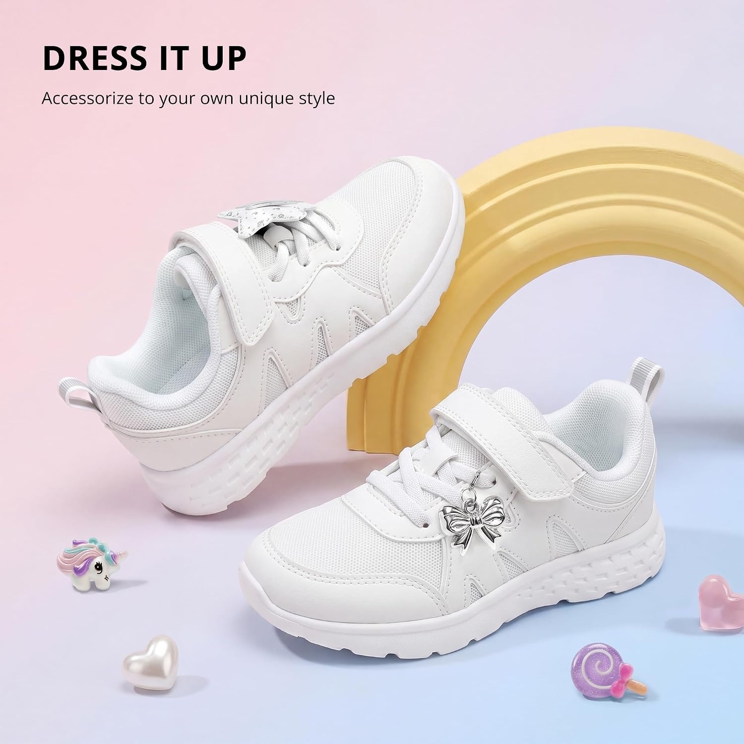 Stelle Girls Sneakers Kids Tennis Shoes with Non-Slip Sole Lightweight Breathable Athletic Sports Running Shoes for Toddler/Little Kid/Big Kid(White+charms)