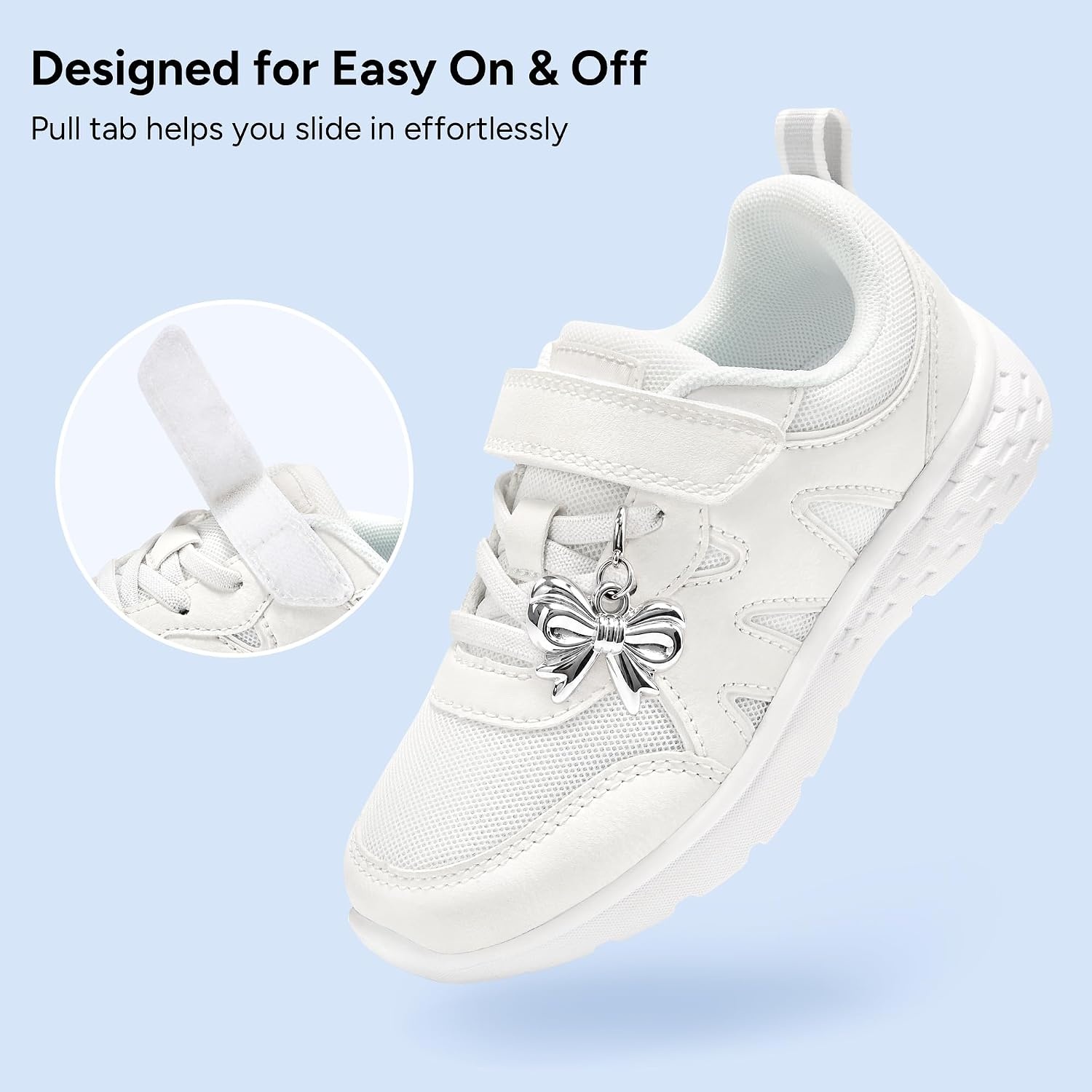 Stelle Girls Sneakers Kids Tennis Shoes with Non-Slip Sole Lightweight Breathable Athletic Sports Running Shoes for Toddler/Little Kid/Big Kid(White+charms)