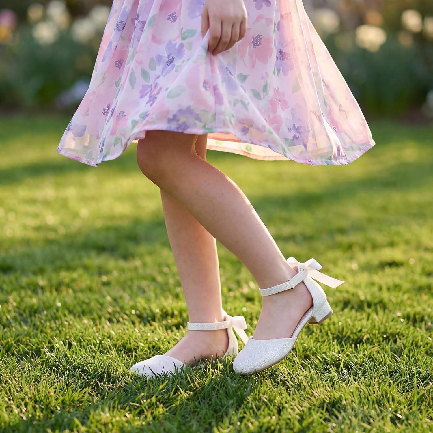 Stelle Girls Dress Shoes Closed Toe Heels Ankle Strap Pumps Sandals Flower Wedding Party Princess Shoes for Toddler Little Big Kid(White Glitter)