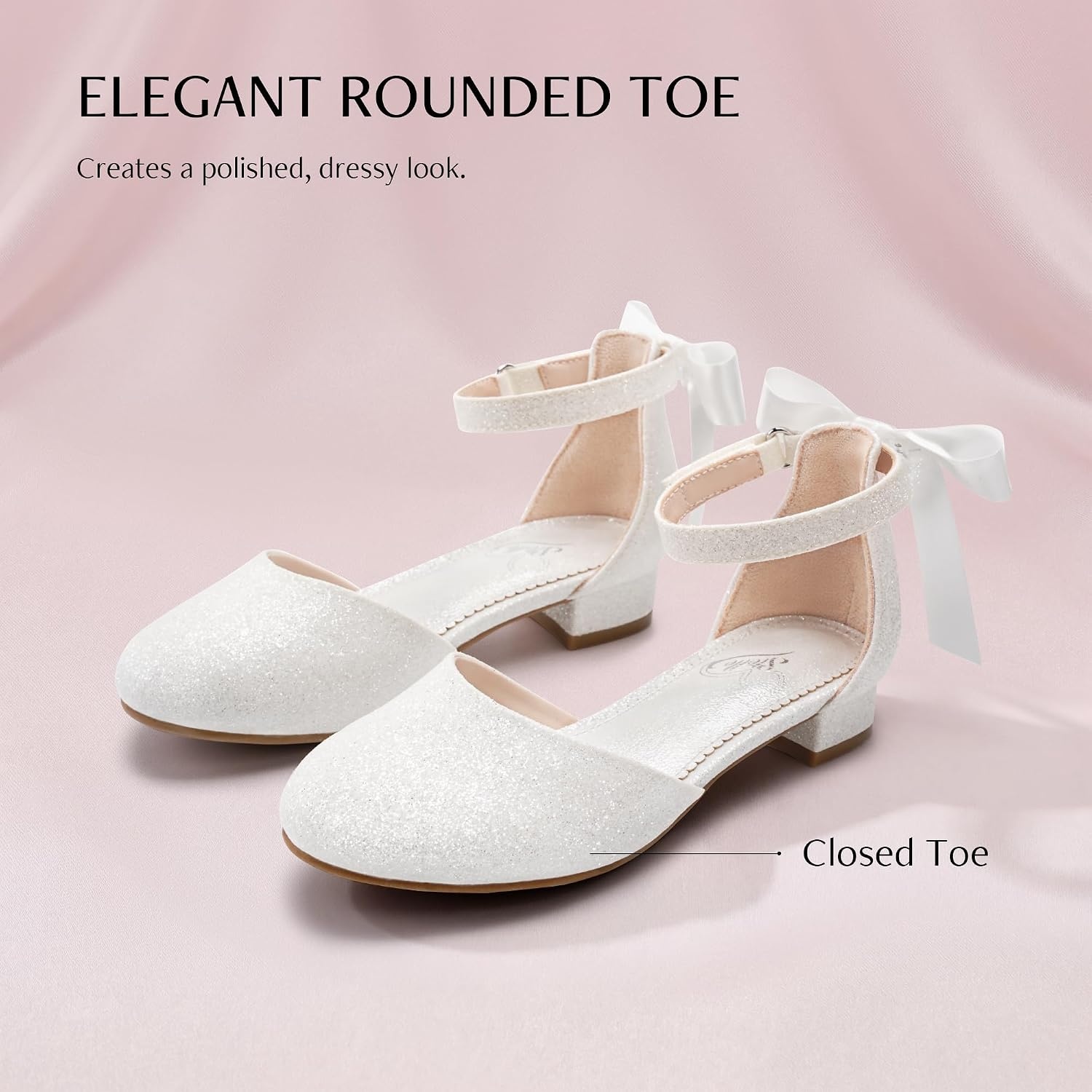 Stelle Girls Dress Shoes Closed Toe Heels Ankle Strap Pumps Sandals Flower Wedding Party Princess Shoes for Toddler Little Big Kid(White Glitter)
