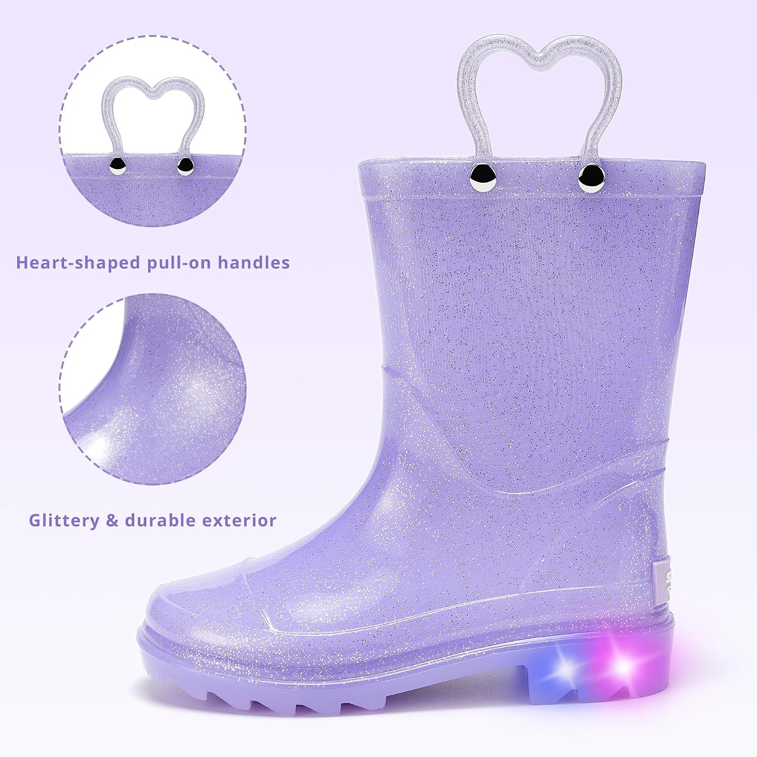 Stelle Girls Rain Boots for Kids Light Up Gitter Boots | Cute Heart Handles Non-Slip Outsole Waterproof Flexible Upper Lightweight Outdoor Play Rain Puddle Toddler to Big Kids(*Lavender)