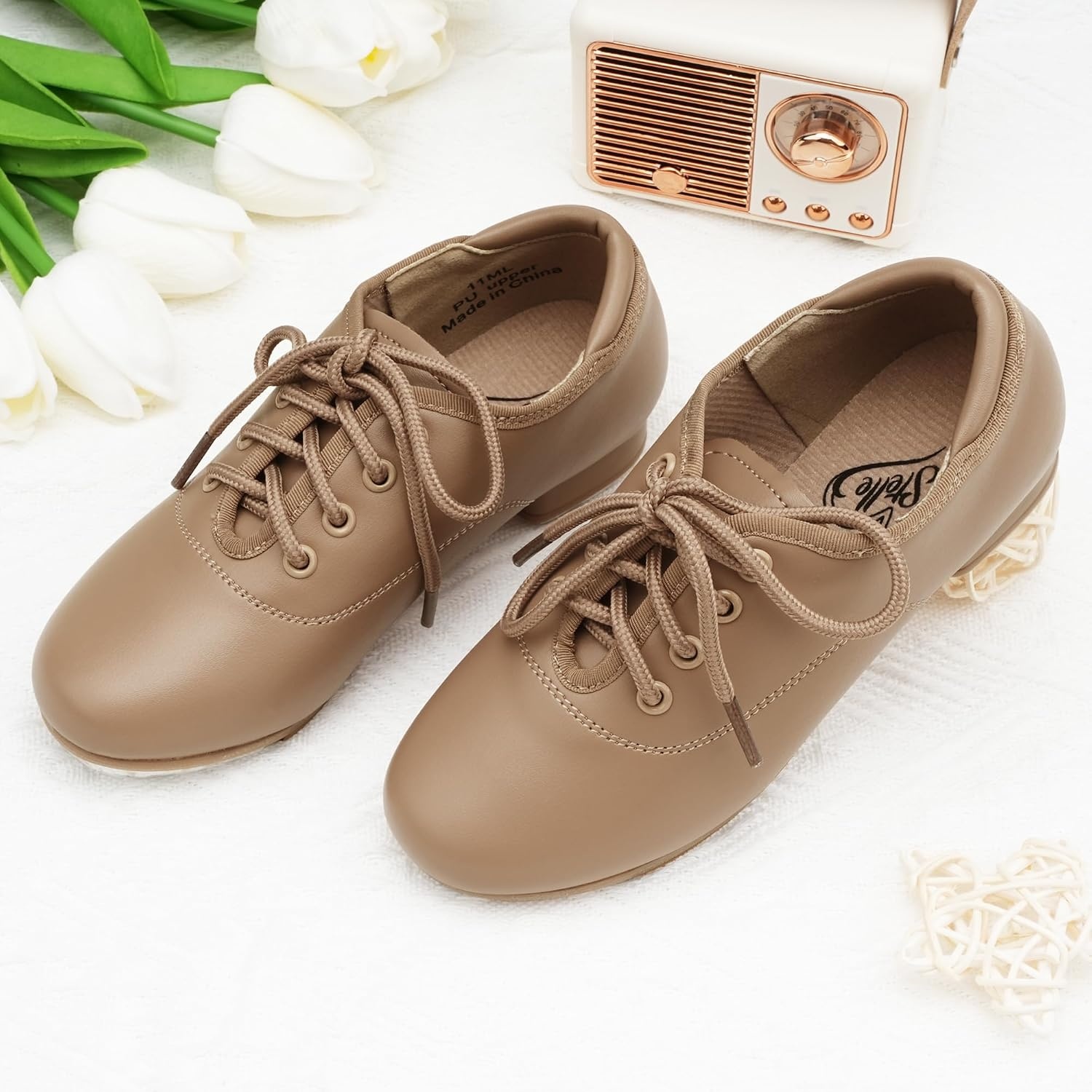 Stelle Tap Shoes for Girls Boys Lace Up PU Leather Dance Shoes for Little Kid/Big Kid(Tan)