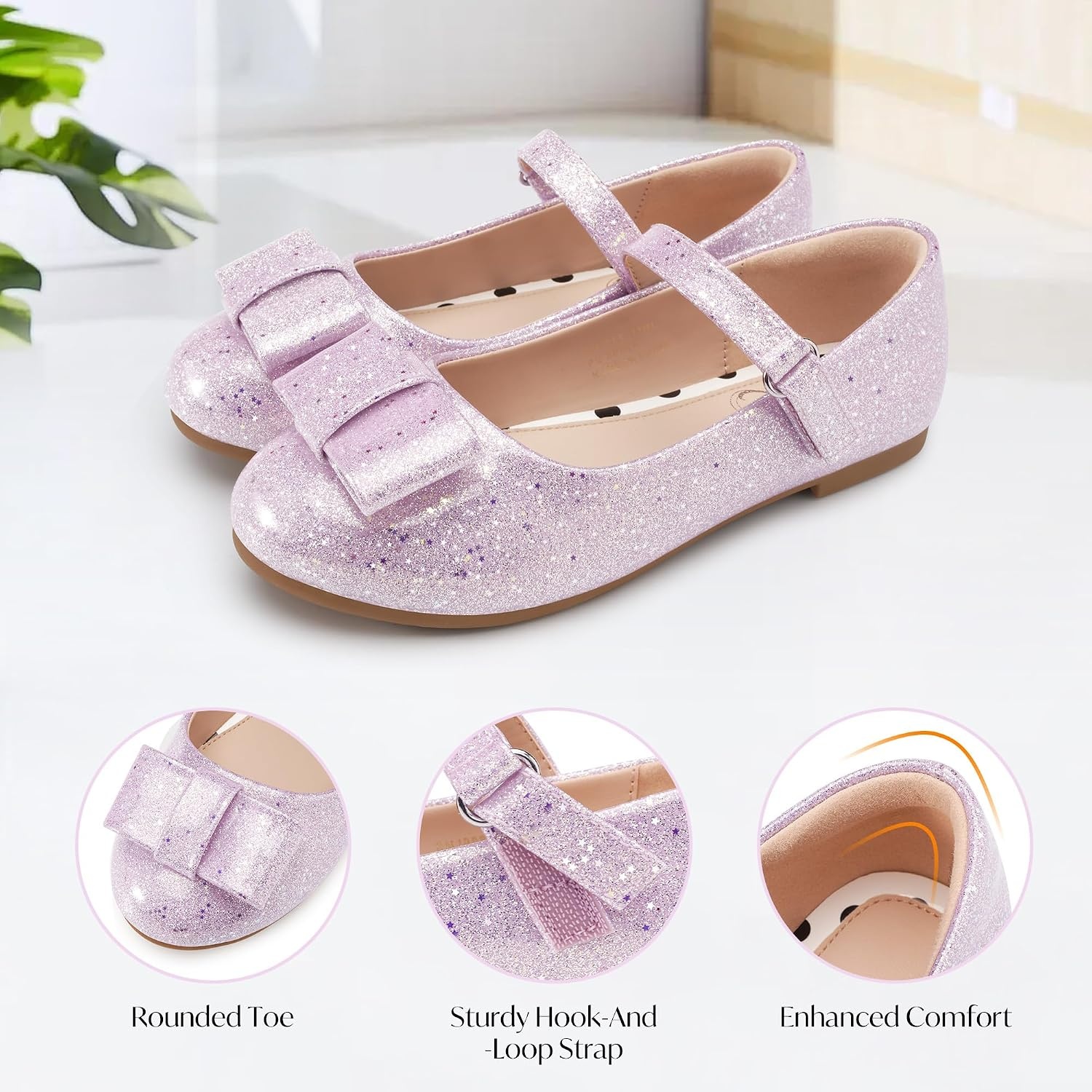 Stelle Dress Shoes for Girls Mary Jane Flats with Bow for School Party | Decorative bow, Hook-and-loop closure, Cushioned comfort, Flower girl, Flexible outsole, Patent finish, Wedding(Petal Glimmer)