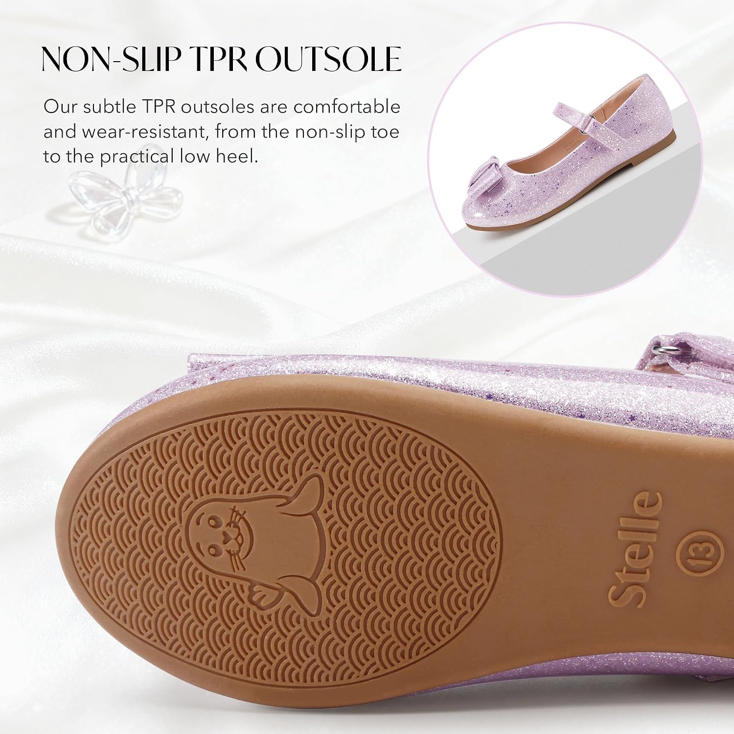 Stelle Dress Shoes for Girls Mary Jane Flats with Bow for School Party | Decorative bow, Hook-and-loop closure, Cushioned comfort, Flower girl, Flexible outsole, Patent finish, Wedding(Petal Glimmer)