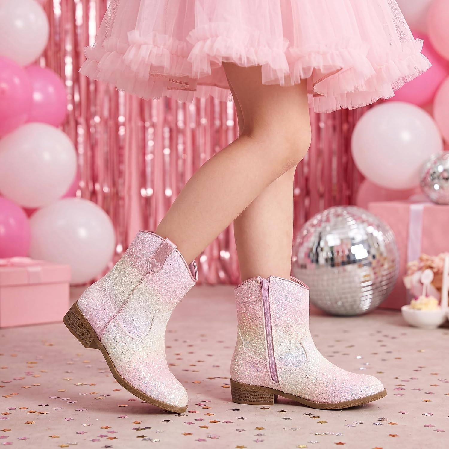 Stelle Girls Glitter Cowgirl Boots Toddler Kids Cowboy Boots(Pink Ombre Glitter)