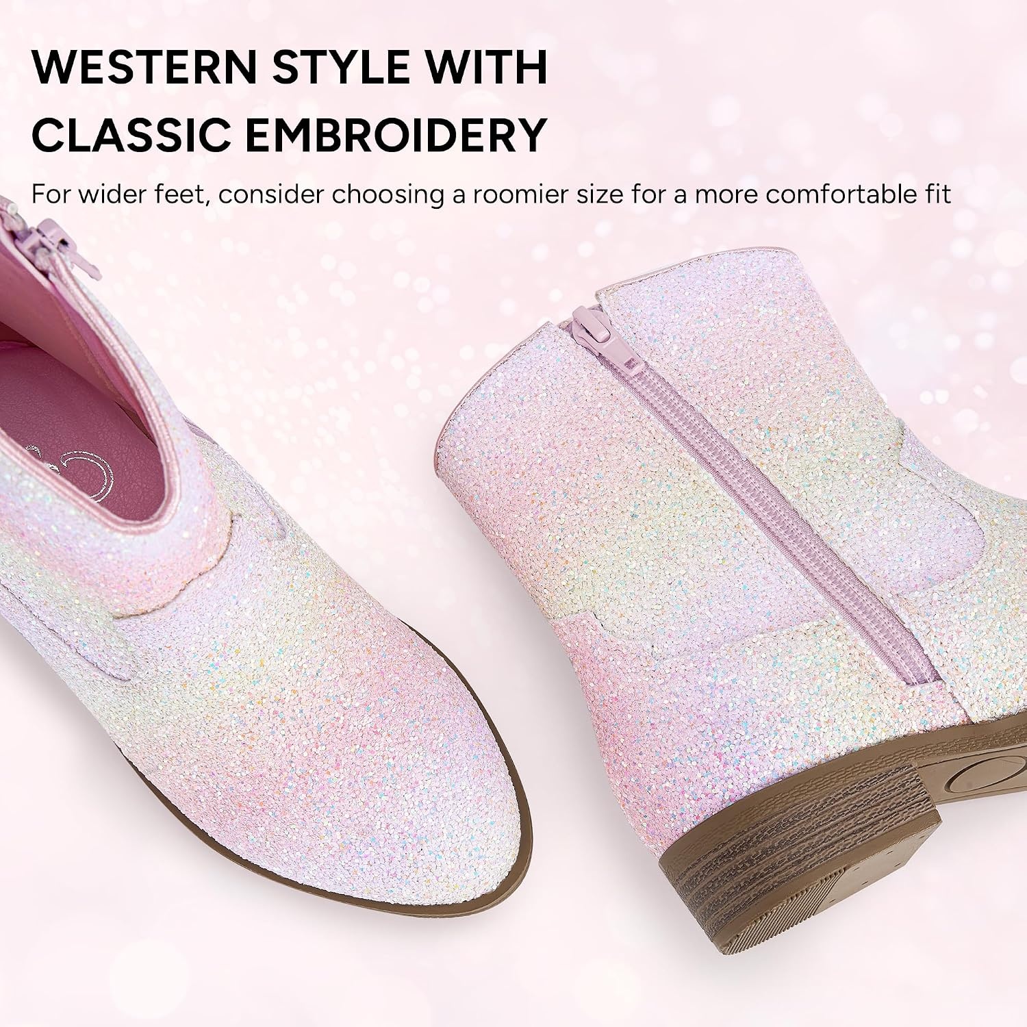 Stelle Girls Glitter Cowgirl Boots Toddler Kids Cowboy Boots(Pink Ombre Glitter)