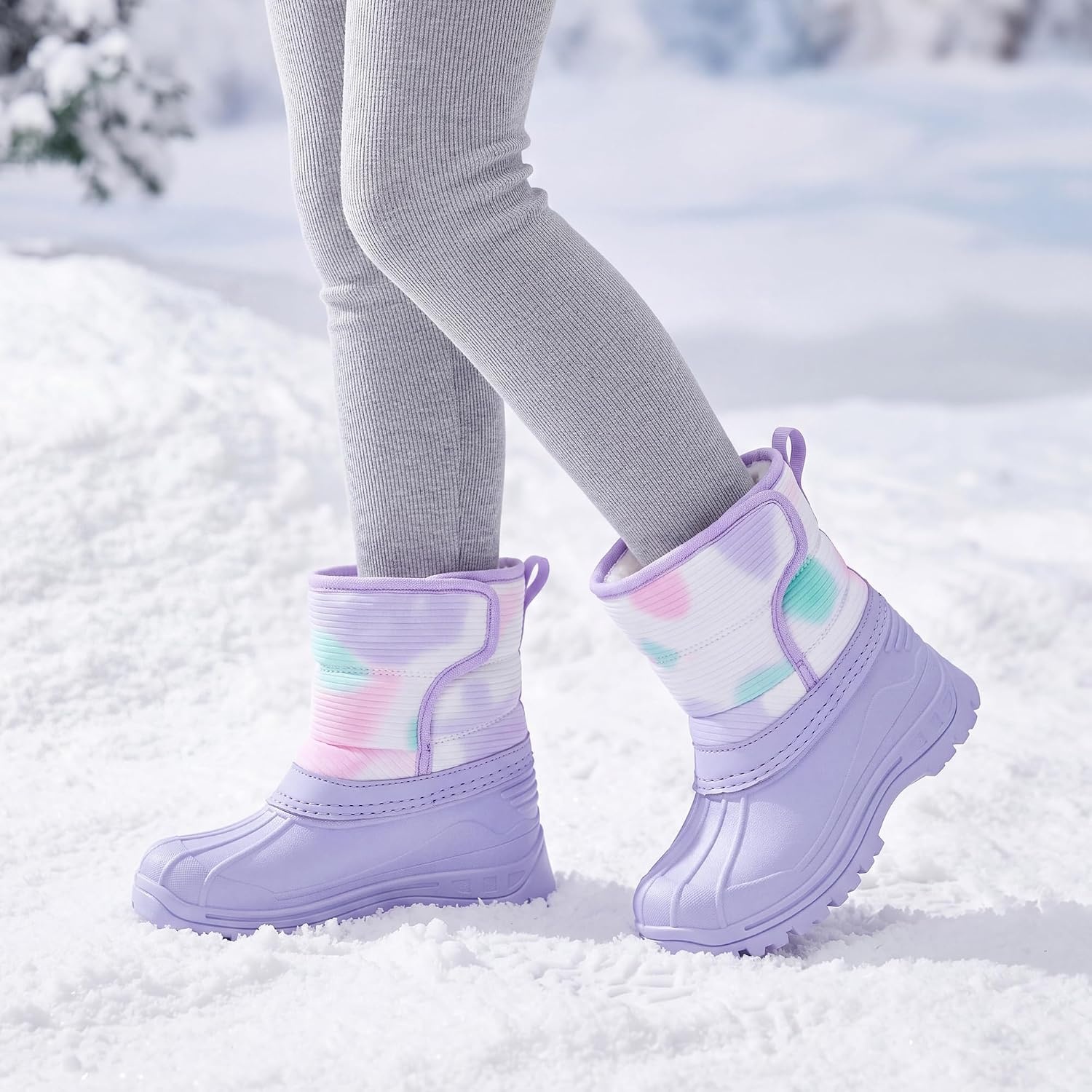 Stelle Girls Snow Boots Waterproof Easy-On Non-Slip Winter Boots(Tie Dye Lavender)