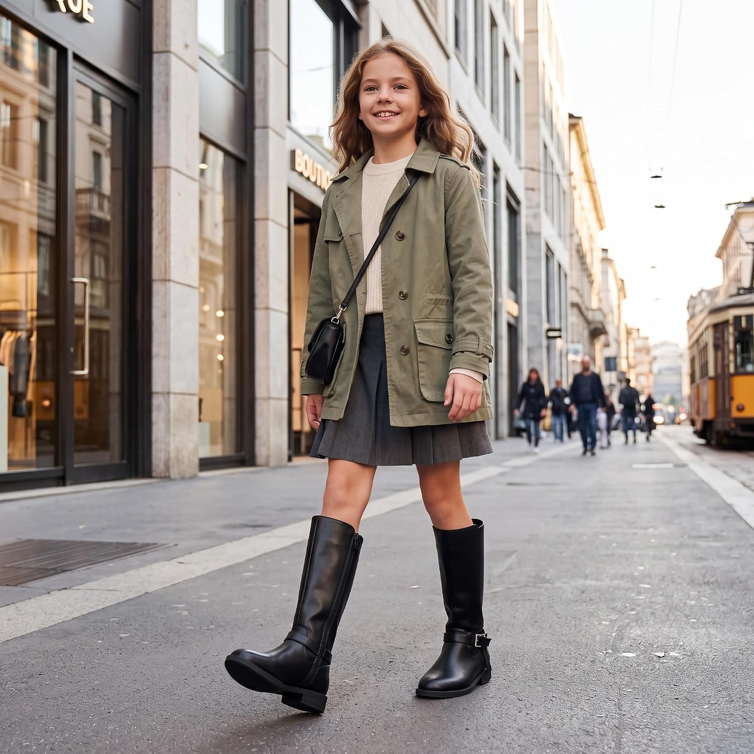 Stelle Girls Knee High Boots with Side Zipper Tall Boots(Black)