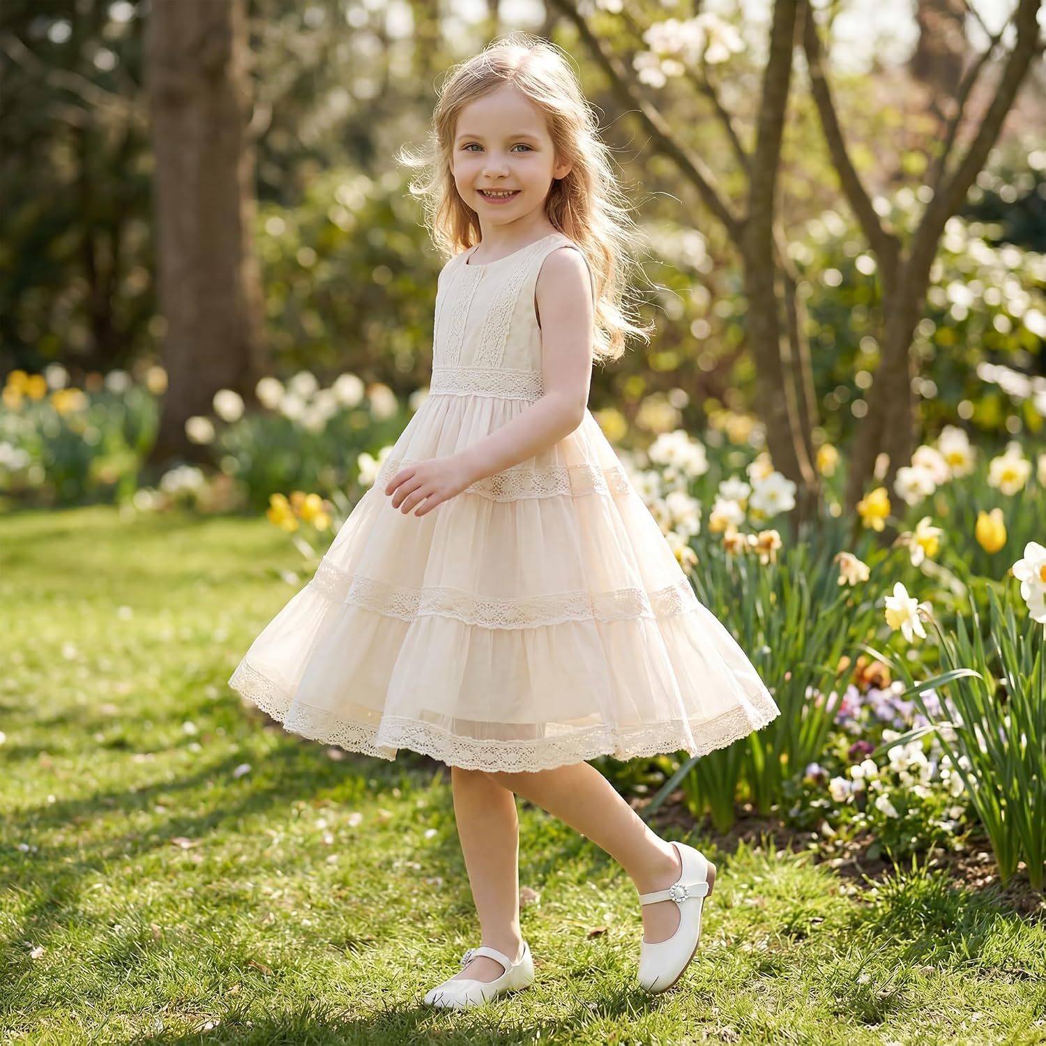 Stelle Girls Dress Shoes Mary Jane Ballet Flats Flower School Shoes for Wedding Party Toddler/Little/Big Kid(Off-white)