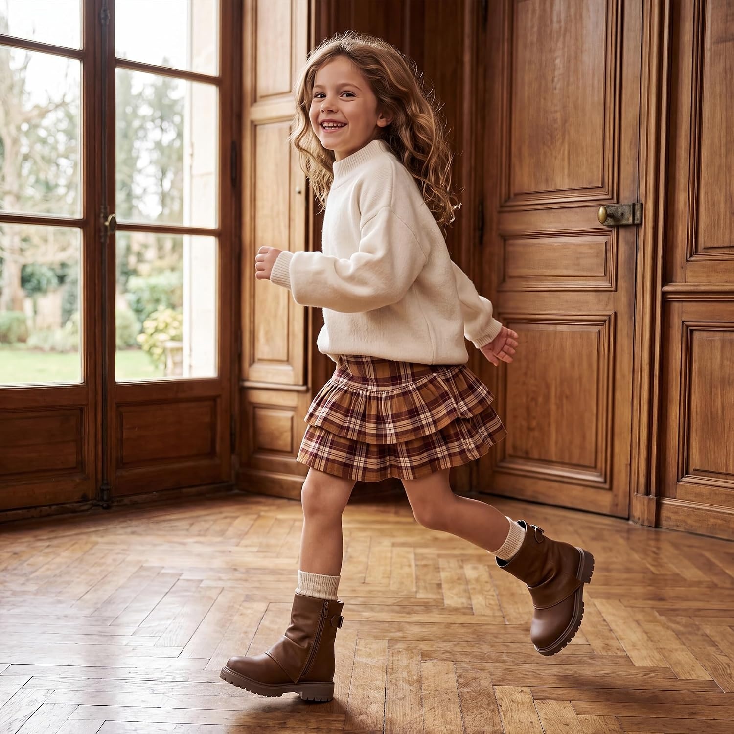 Stelle Girls Combat Ankle Boots Chunky Western Booties Black Shoes(Hazelnut)