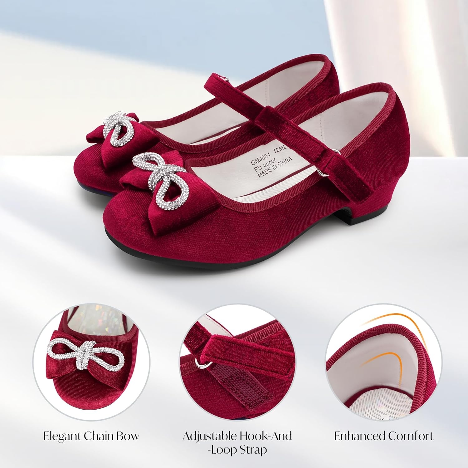 Stelle Dress Shoes for Girls Rhinestone Bow Low Heels for Wedding Party | Flower Girl, Sparkling bow detail, Cushioned insole, Flexible outsole, School events, Dress-up, Comfortable fit(Burgundy(velvet))