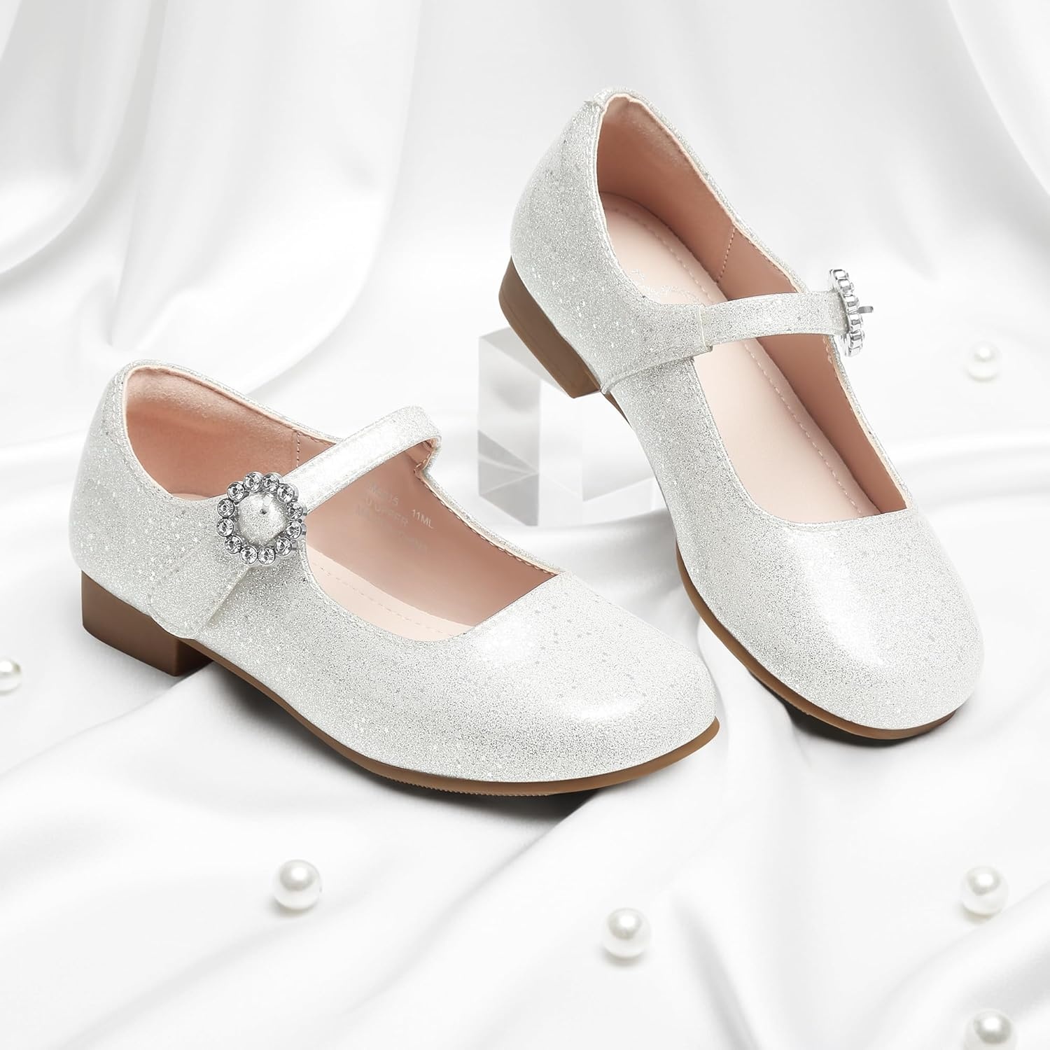 Stelle Girls Dress Shoes Mary Jane Ballet Flats Flower School Shoes for Wedding Party Toddler/Little/Big Kid(Pearl Glimmer)
