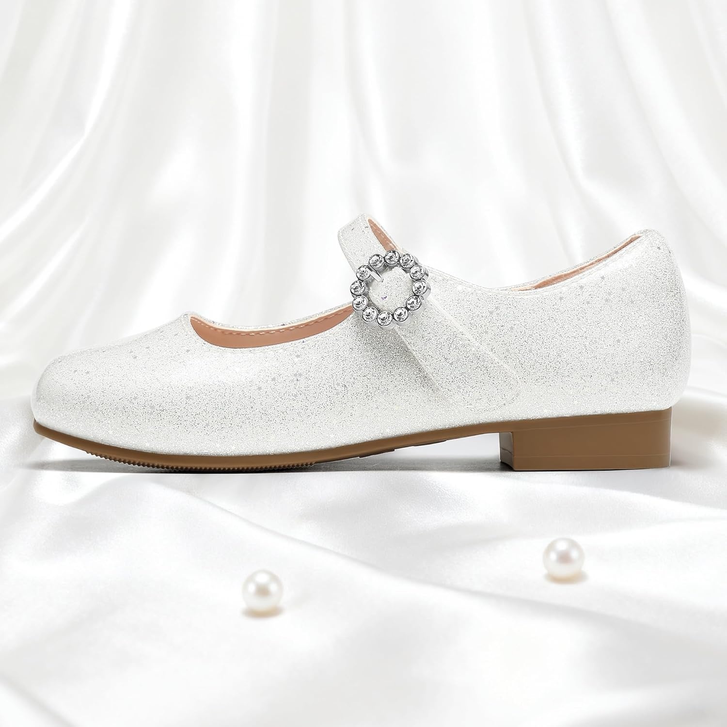Stelle Girls Dress Shoes Mary Jane Ballet Flats Flower School Shoes for Wedding Party Toddler/Little/Big Kid(Pearl Glimmer)