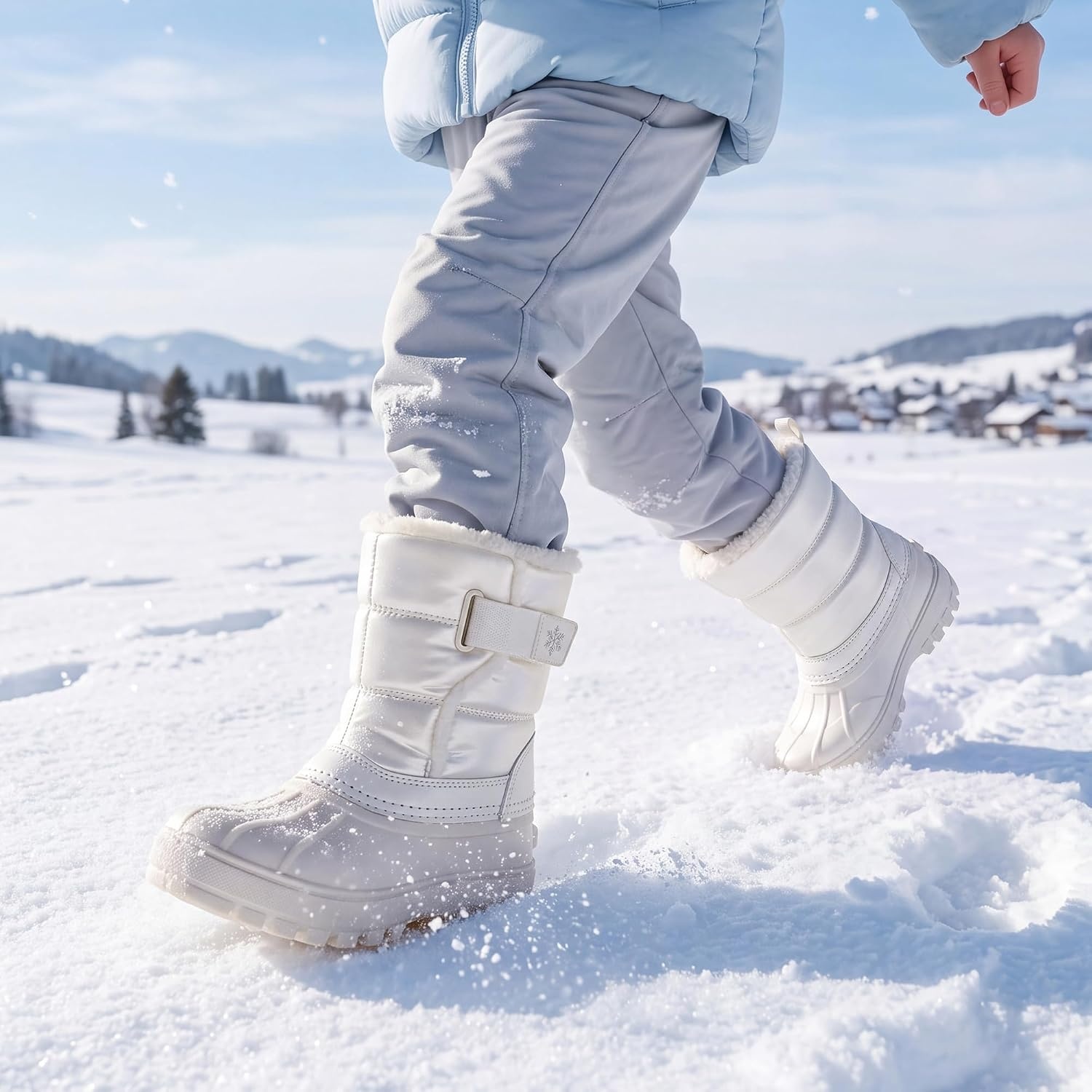 Stelle Kids Snow Boots with hook&loop Girls Boys Winter Warm Boots(White)