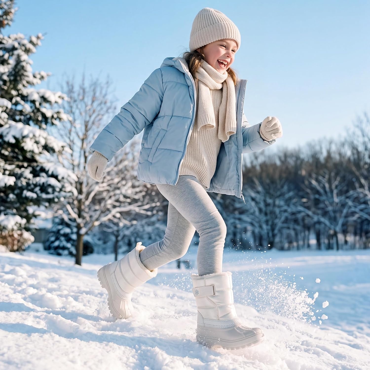 Stelle Kids Snow Boots with hook&loop Girls Boys Winter Warm Boots(White)