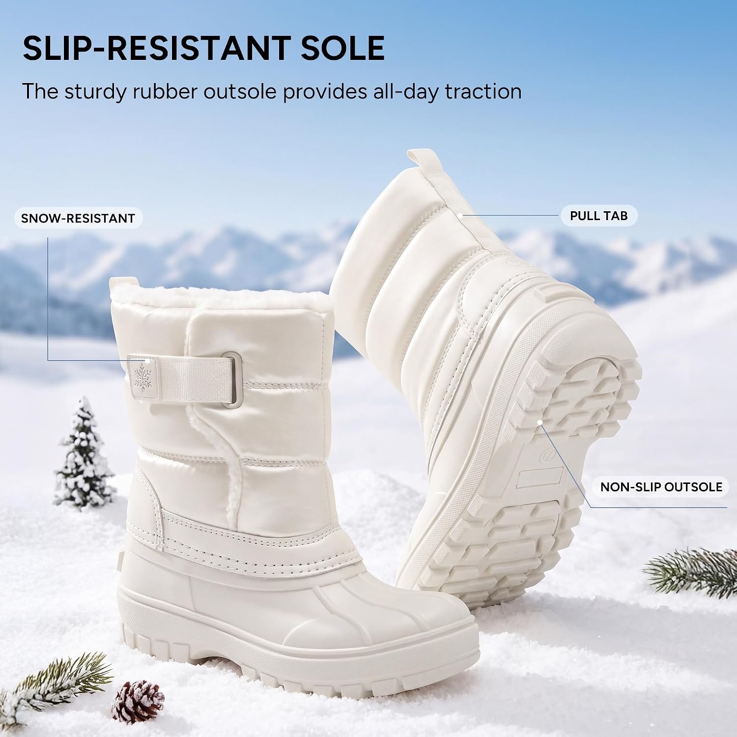 Stelle Kids Snow Boots with hook&loop Girls Boys Winter Warm Boots(White)