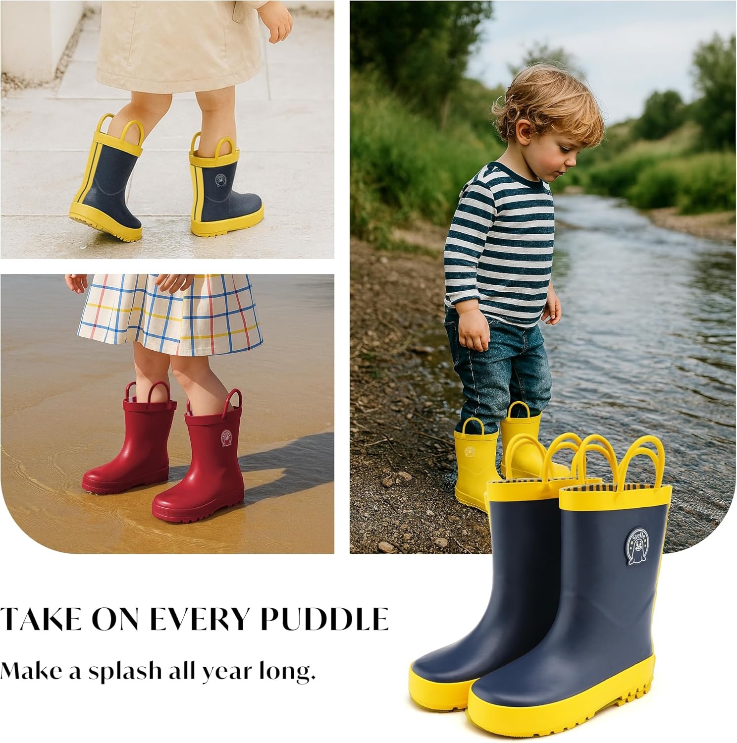 Stelle Kids Rain Boots for Boys Girls Outdoor Play and Rainy Days | Natural Rubber Waterproof Design Non-Slip Sole Easy On Handles All-Weather Wear Mud Garden School Toddler to Big Kids(Navy)