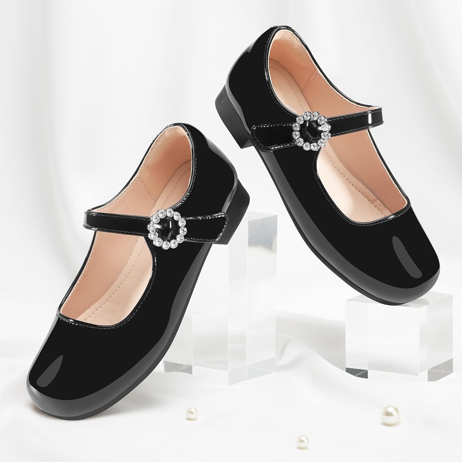 Stelle Girls Dress Shoes Mary Jane Ballet Flats Flower School Shoes for Wedding Party Toddler/Little/Big Kid(Black)