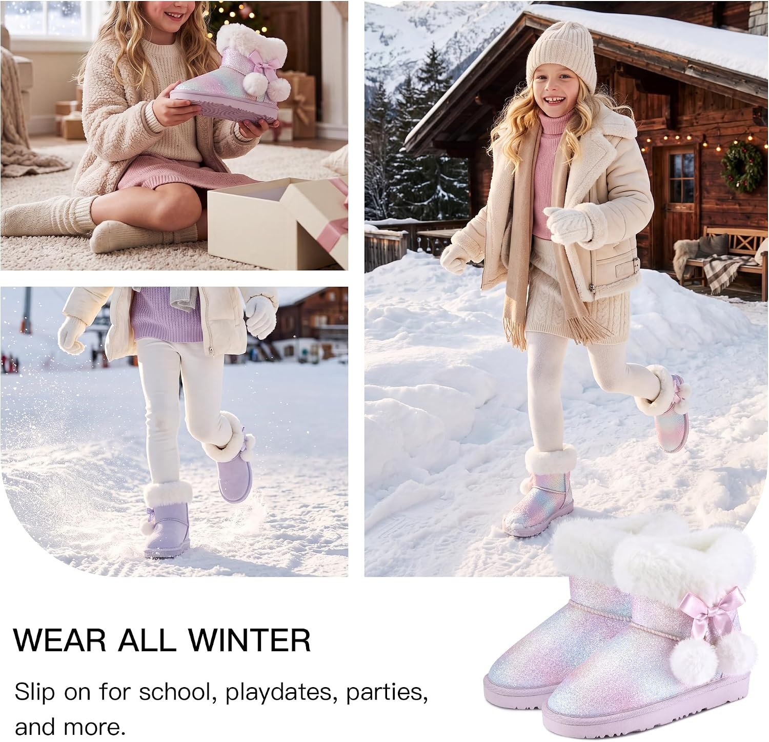 Stelle Girls Winter Boots Fuzzy Snow Boots for Kids | Faux Fur Lined, Cozy & Lightweight, Faux Suede Upper, Easy Pull-On, Non-Slip TPR Outsole, Warm Winter Boots(Dream Frost)