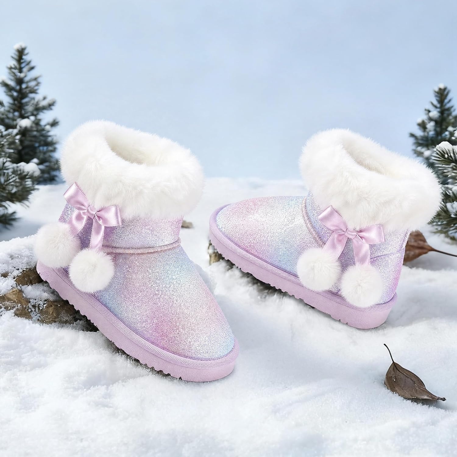 Stelle Girls Winter Boots Fuzzy Snow Boots for Kids | Faux Fur Lined, Cozy & Lightweight, Faux Suede Upper, Easy Pull-On, Non-Slip TPR Outsole, Warm Winter Boots(Dream Frost)